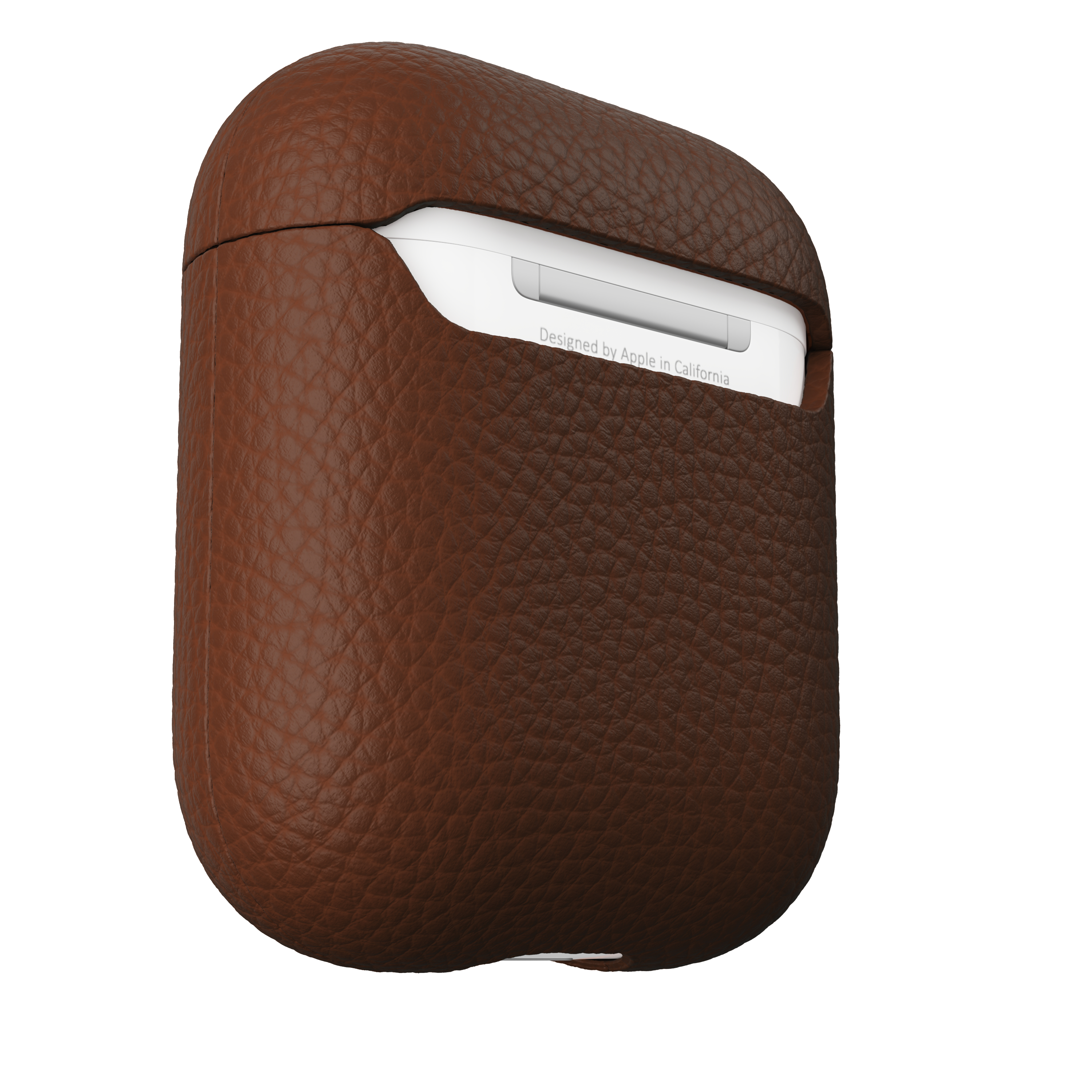 Braunes Leder-AirPods-Case mit weißen AirPods im Inneren.