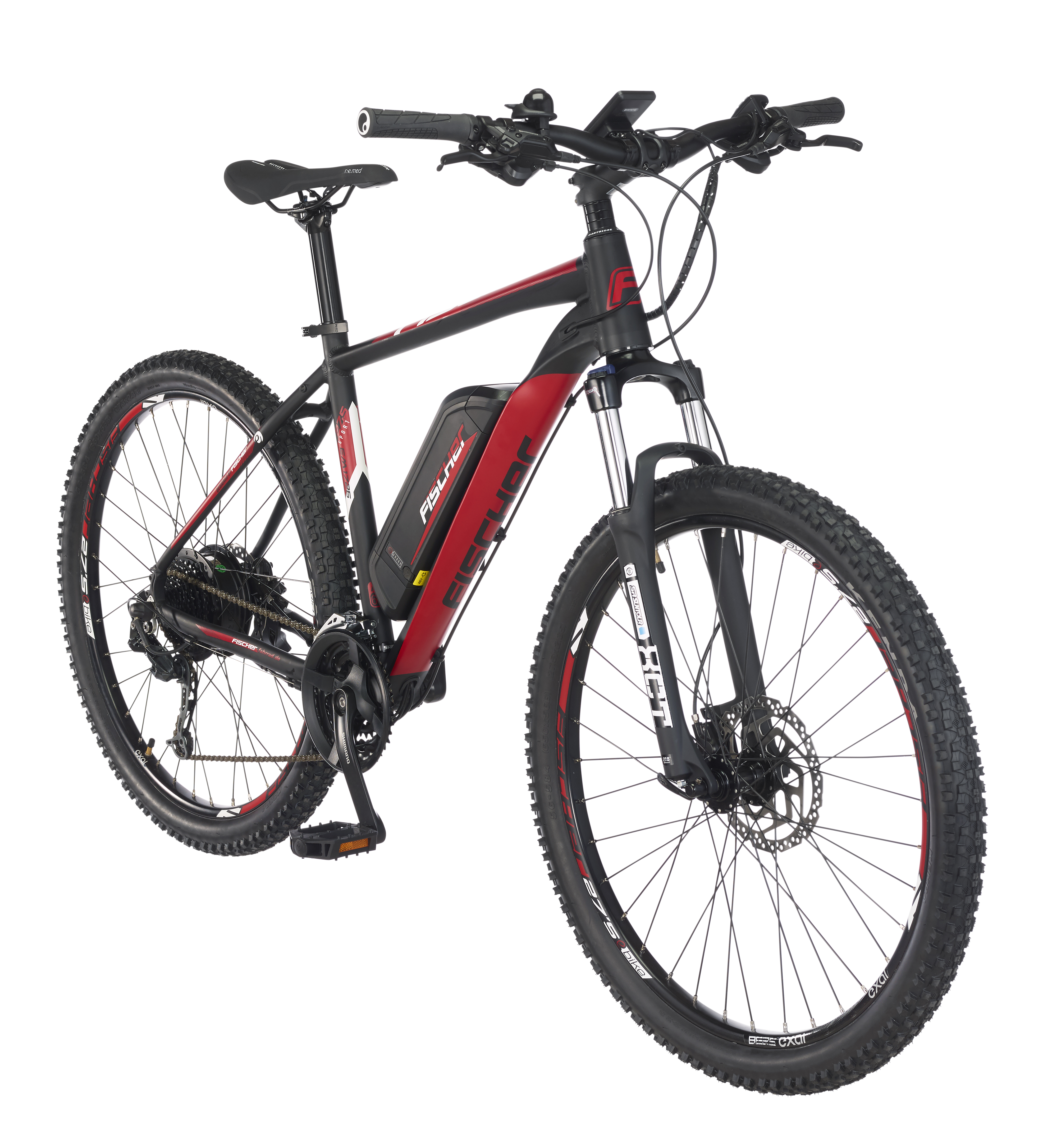 Rotes und schwarzes elektrisches Mountainbike, weißer Hintergrund, Vorderansicht, Details sichtbar.