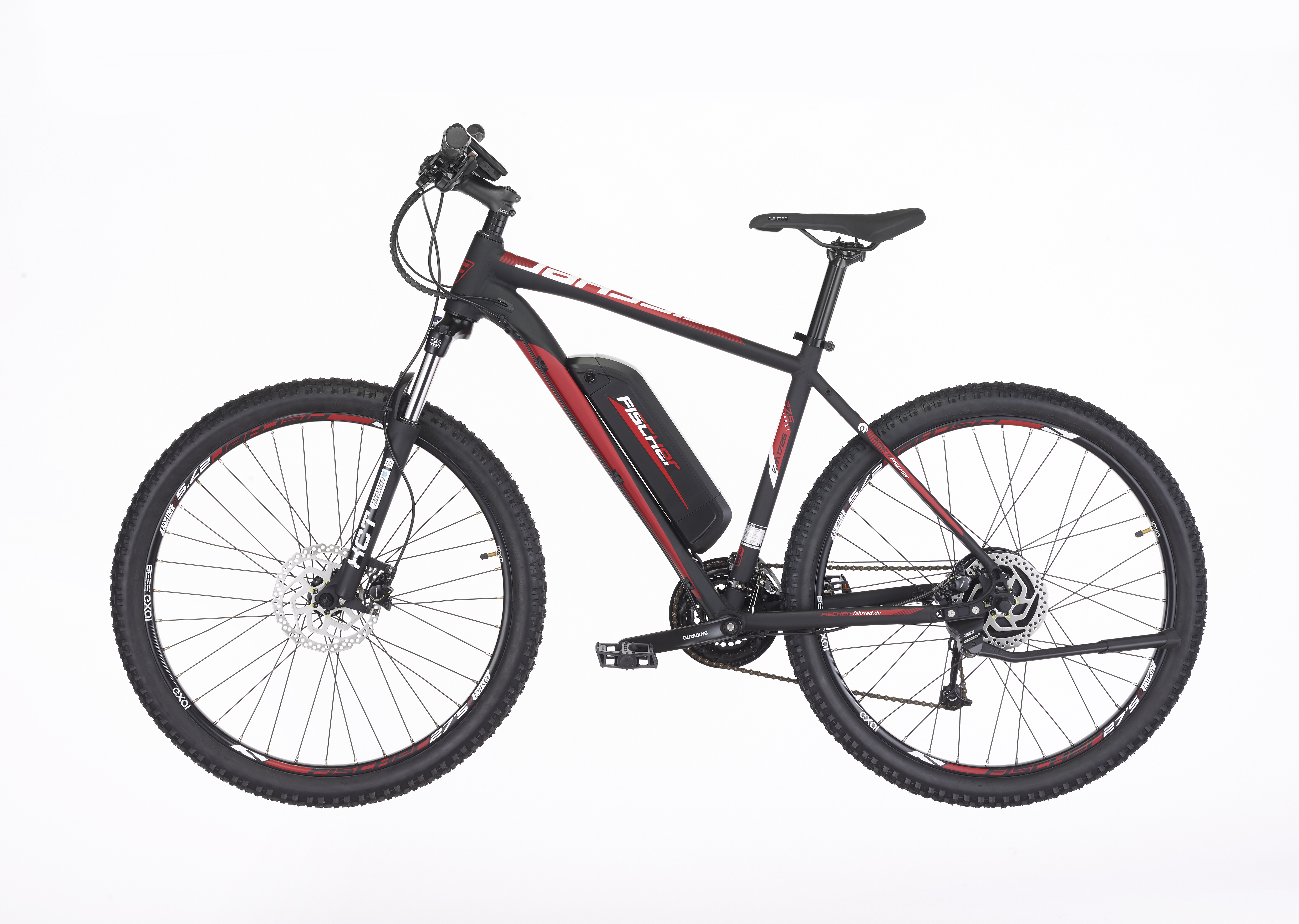 Schwarzes und rotes Elektrofahrrad mit Akku und Scheibenbremsen.