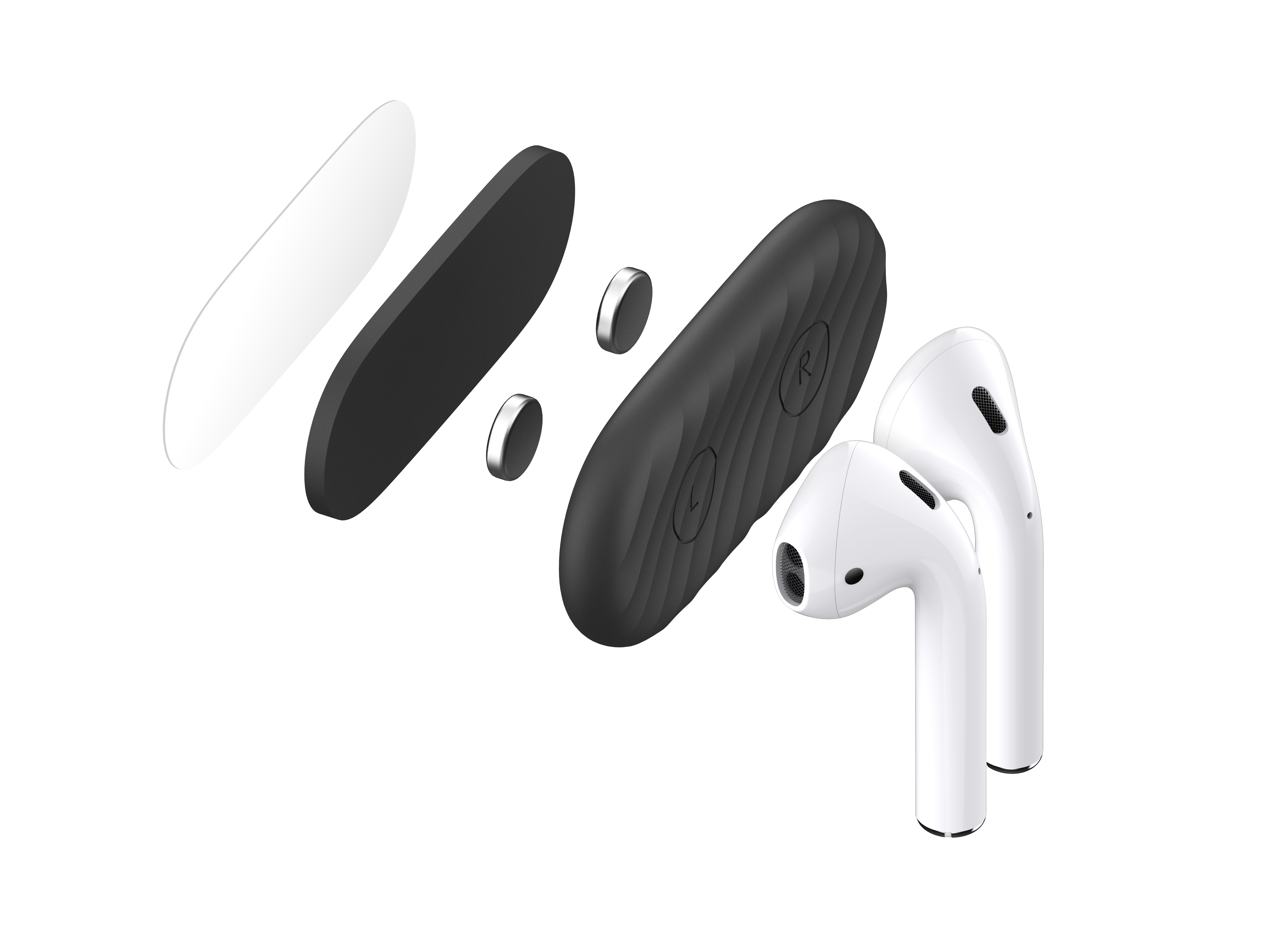 Zerlegte AirPods mit Komponenten, einschließlich Ladecase, auf weißem Hintergrund.
