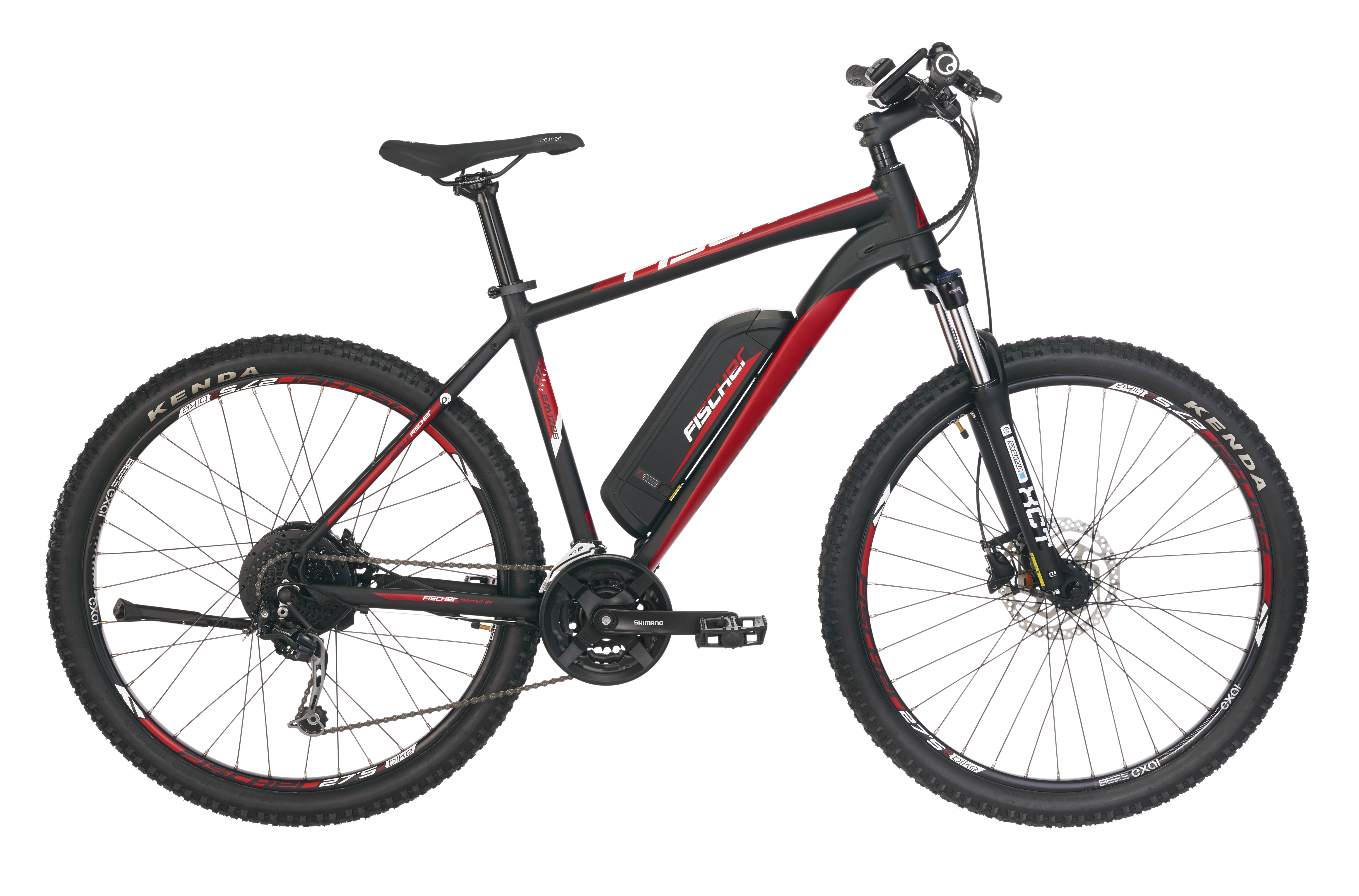 Schwarzes und rotes Elektro-Mountainbike mit weißen Reifen und der Marke 'FISCHER'.