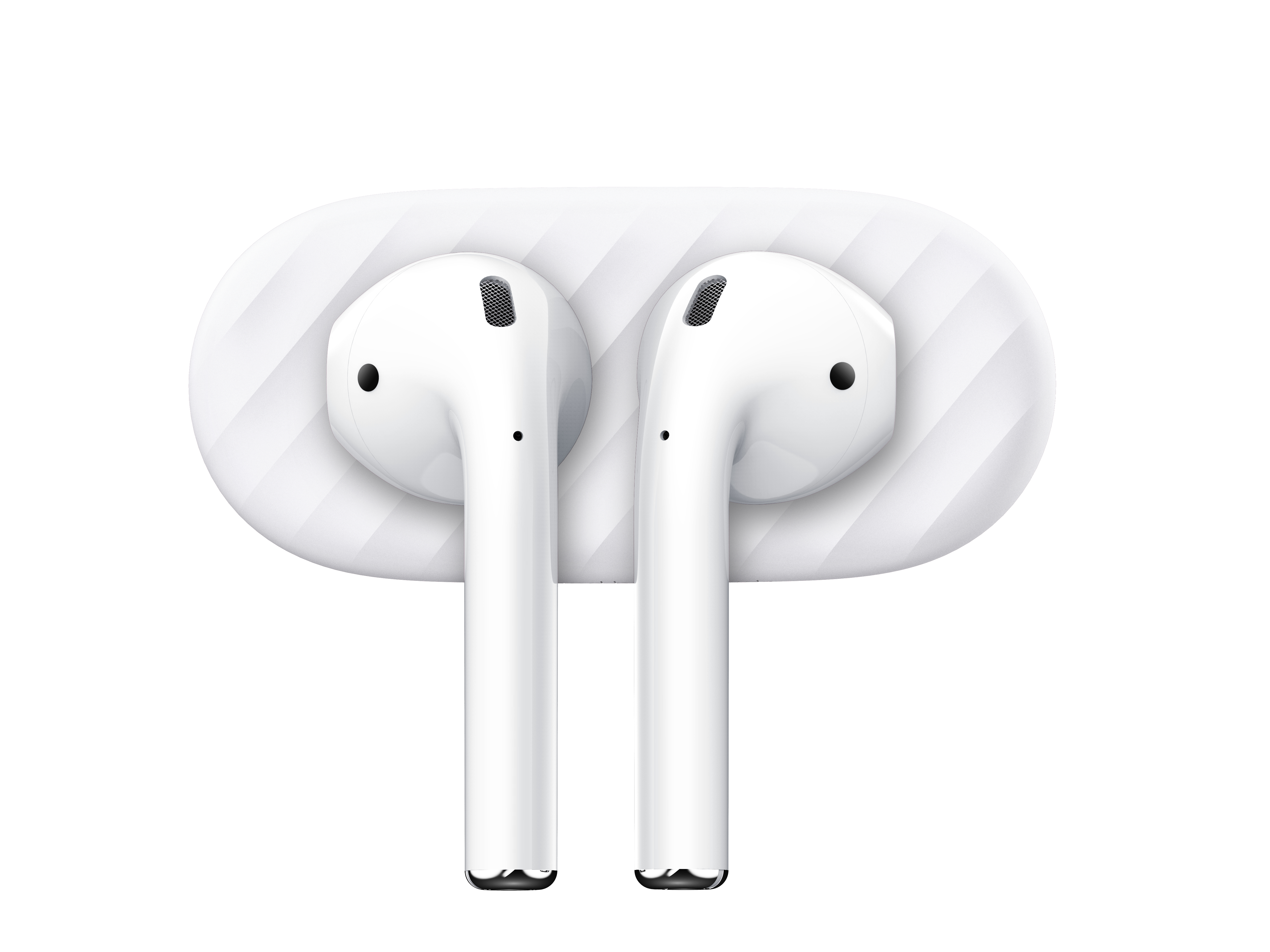 Weiße Apple AirPods im Ladecase. AirPods sind aufrecht und einsatzbereit. Weißer Hintergrund.