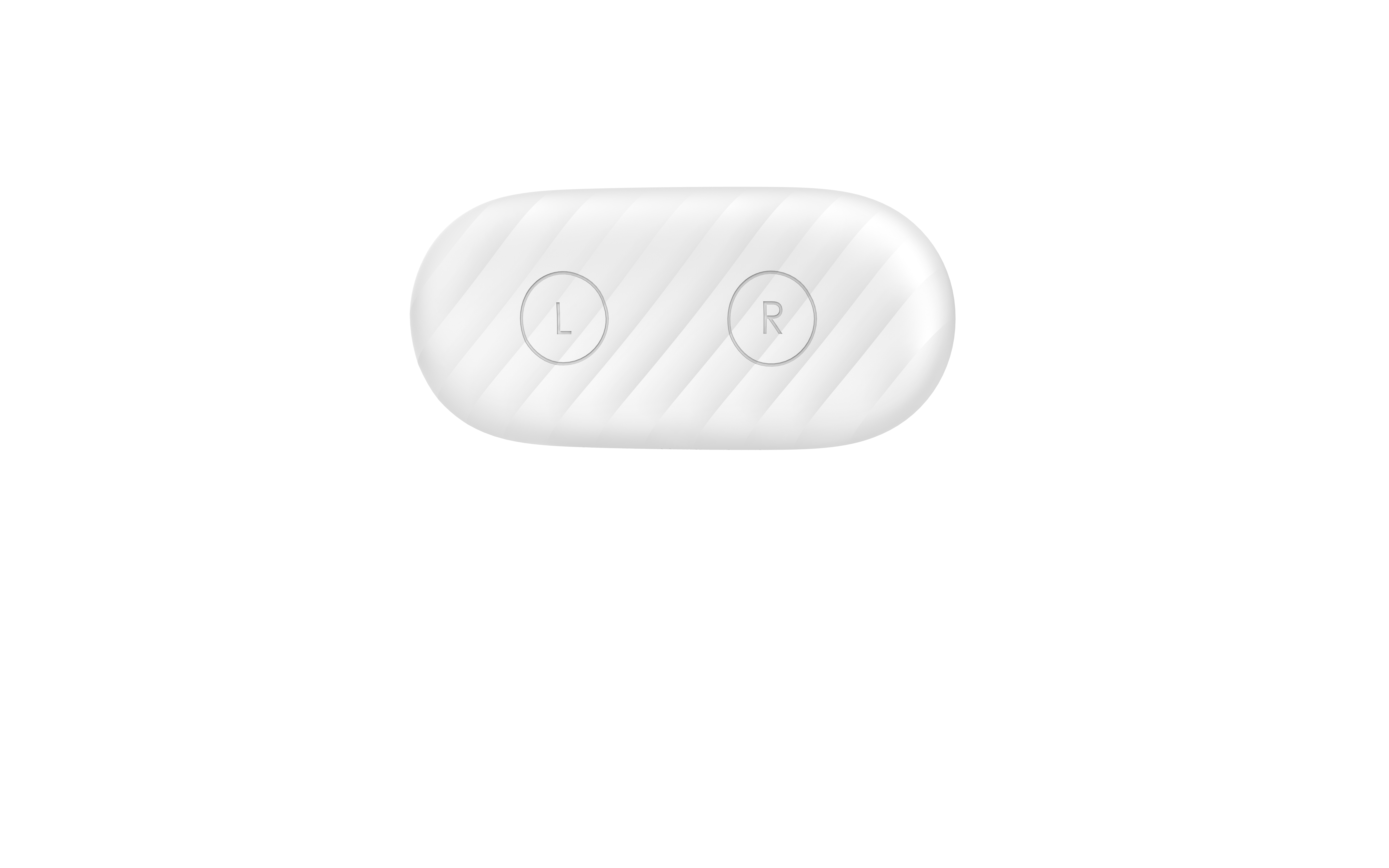 Ein weißer, oval geformter Knopf mit den Buchstaben 'L' und 'R'. Die Oberfläche hat ein strukturiertes Muster.