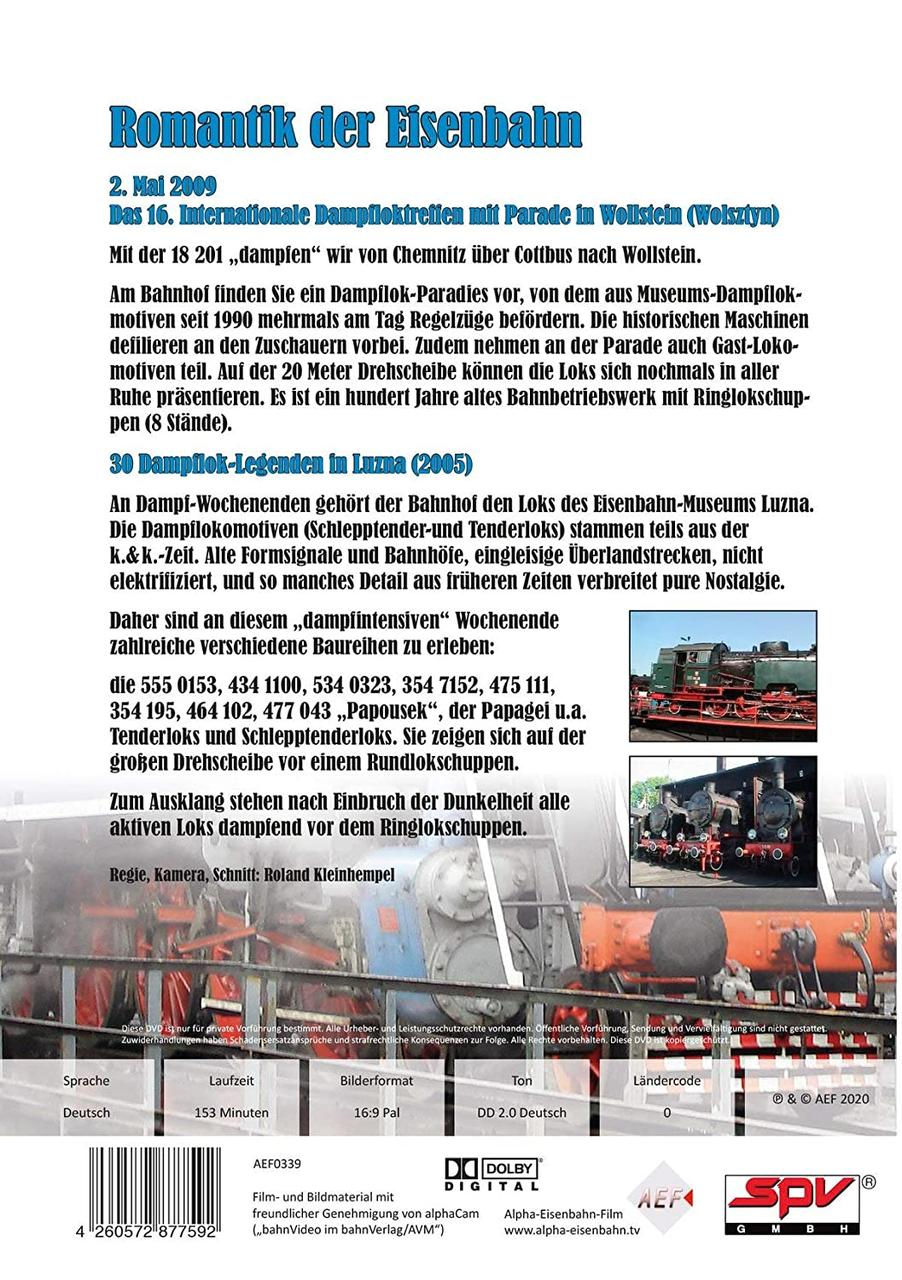 Rückseite einer DVD-Hülle mit Text auf Deutsch über ein Dampfzug-Event, mit Bildern von Zügen.