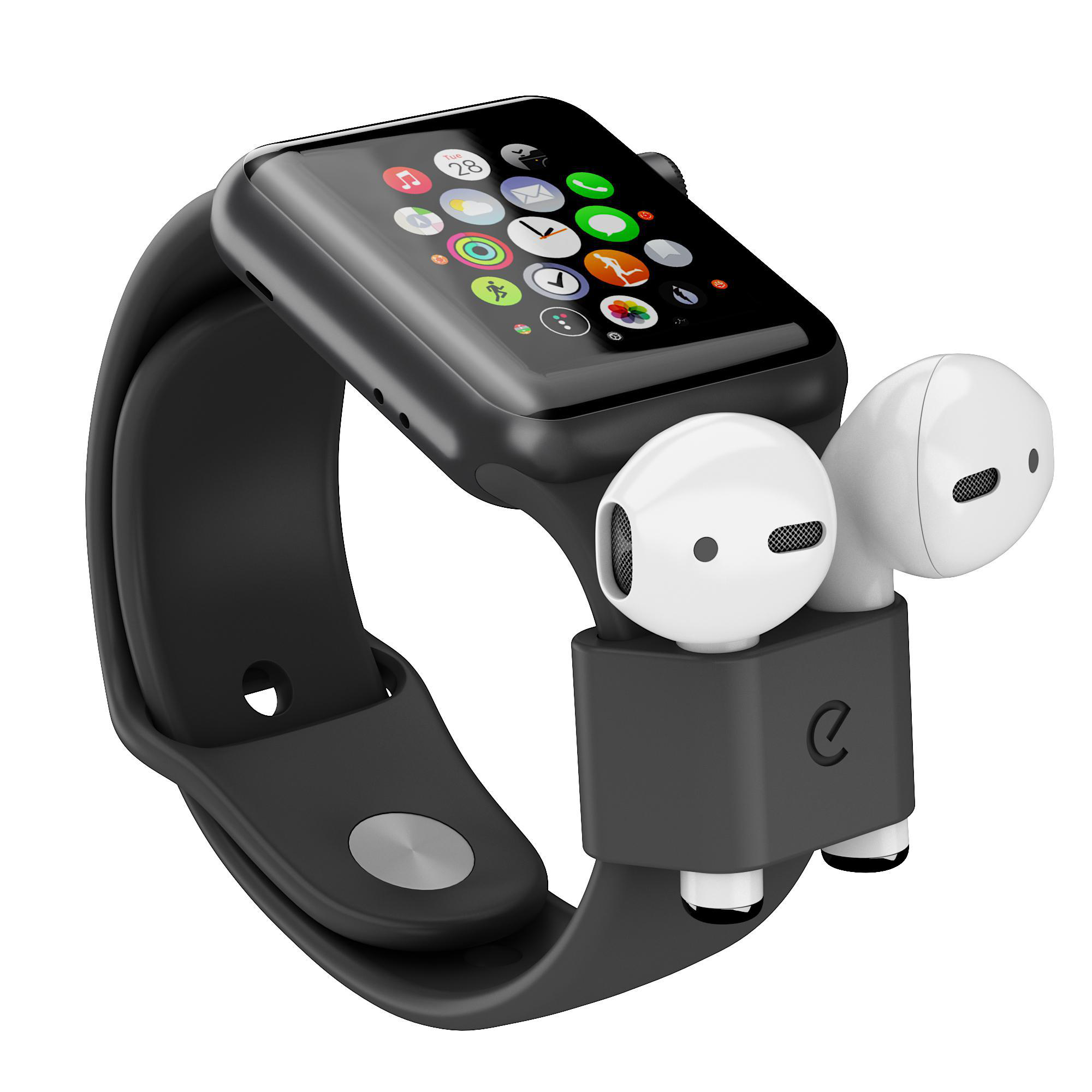 Apple Watch mit schwarzem Armband und einem schwarzen Halter mit weißen AirPods. Der Halter wird am Band befestigt.