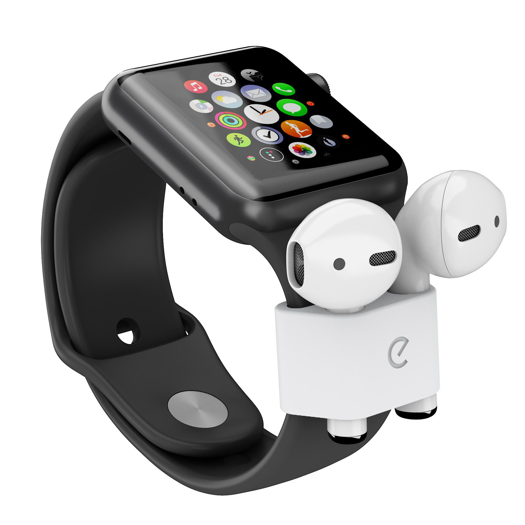 Schwarze Apple Watch mit schwarzem Armband, hält weiße AirPods, auf weißem Hintergrund.
