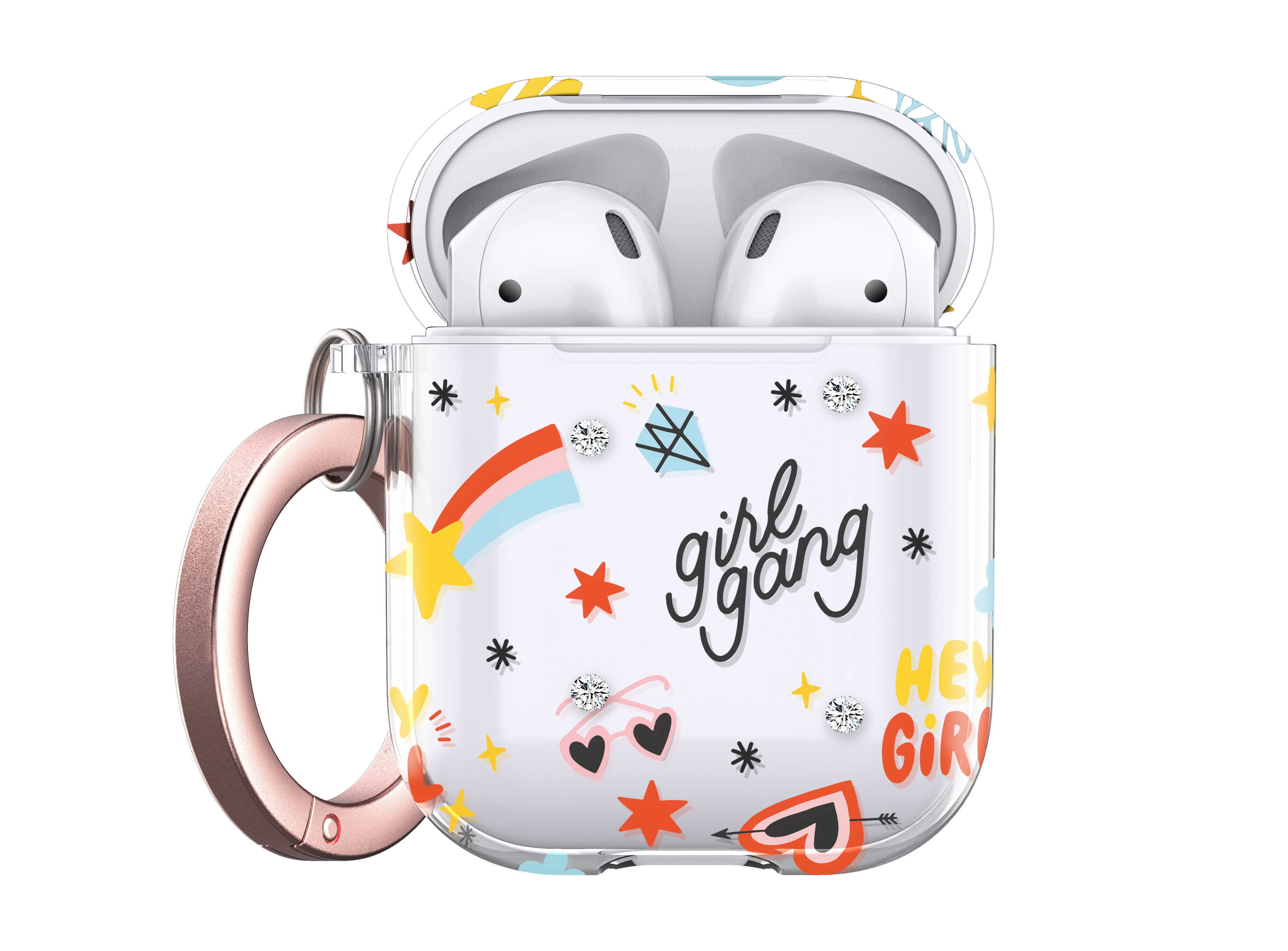 Weißes AirPods-Case mit bunten Aufklebern und einem roségoldenen Karabiner, offen, mit AirPods drin.