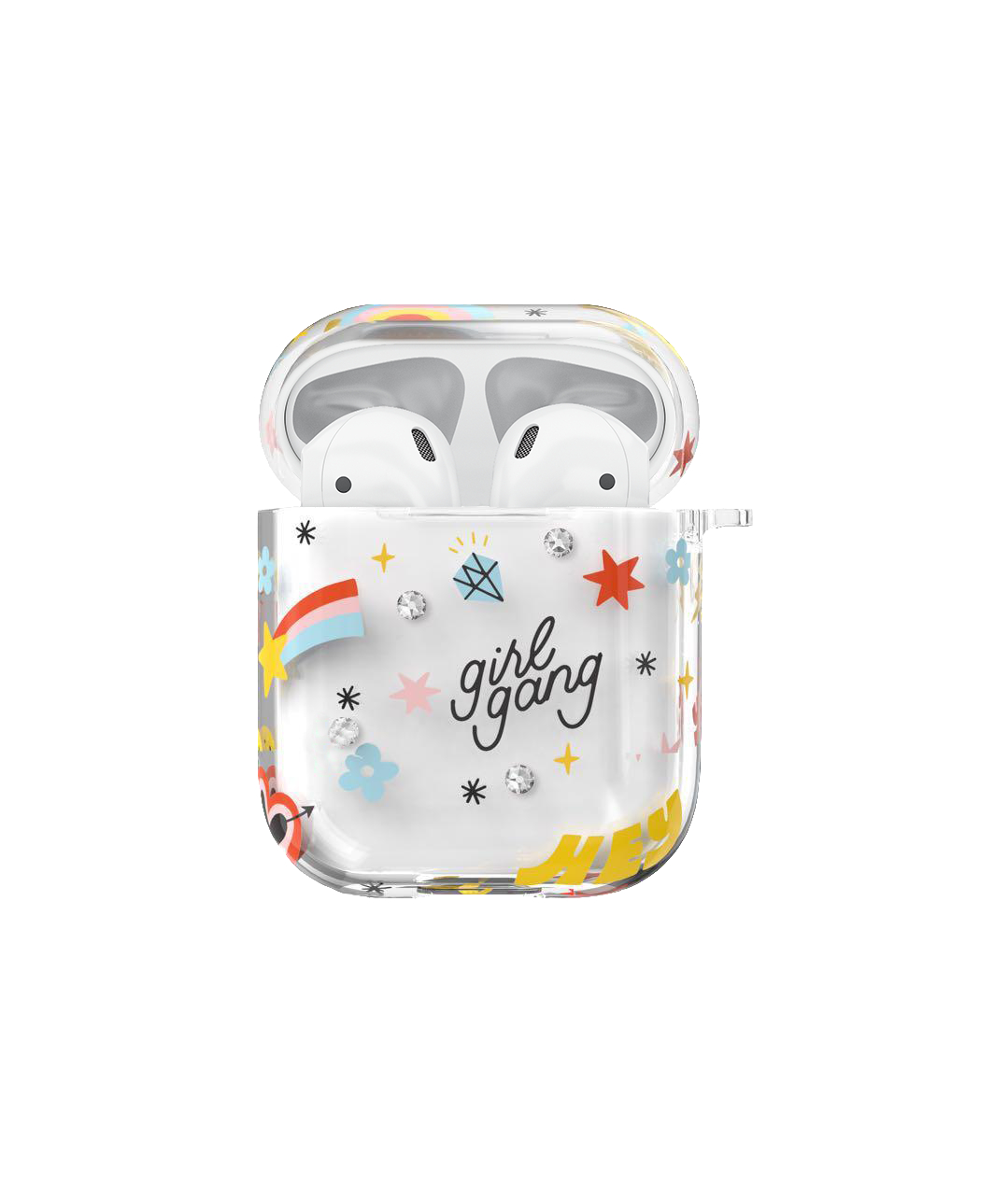 Weiße AirPods in einer transparenten Hülle mit bunten Aufklebern. Die Hülle ist geöffnet und gibt die Ohrhörer frei.