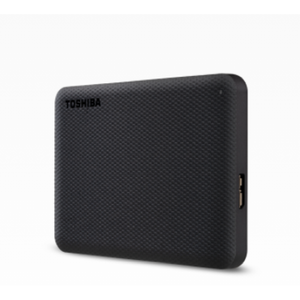 Un disco duro externo Toshiba negro, cuadrado con superficie texturizada.