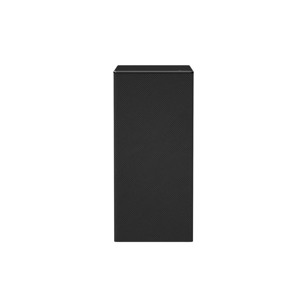 Un altavoz de torre negro y rectangular con una superficie texturizada, sobre un fondo blanco.