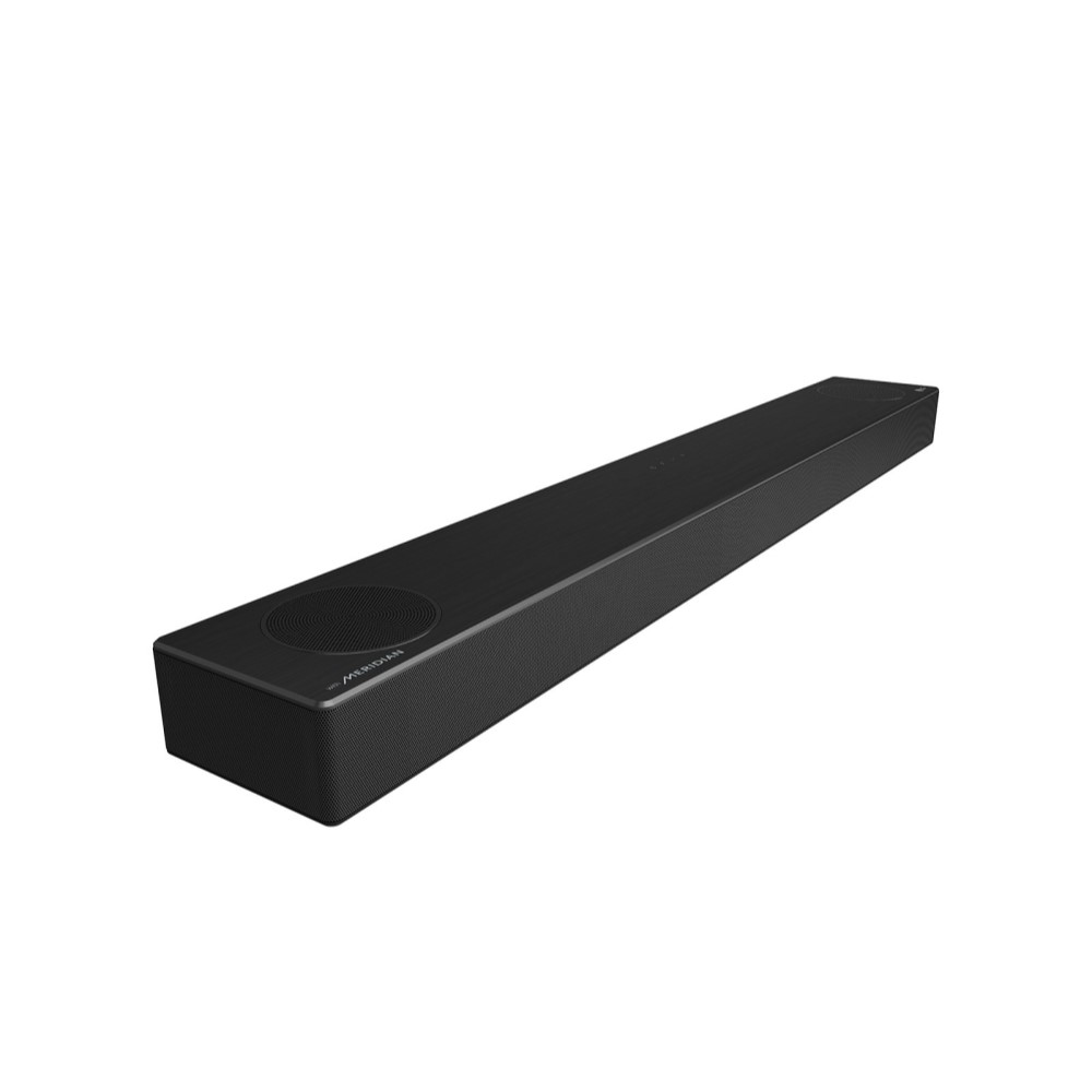 Barra de sonido negra con el logotipo de Meridian en el lado izquierdo y una parte frontal de malla.