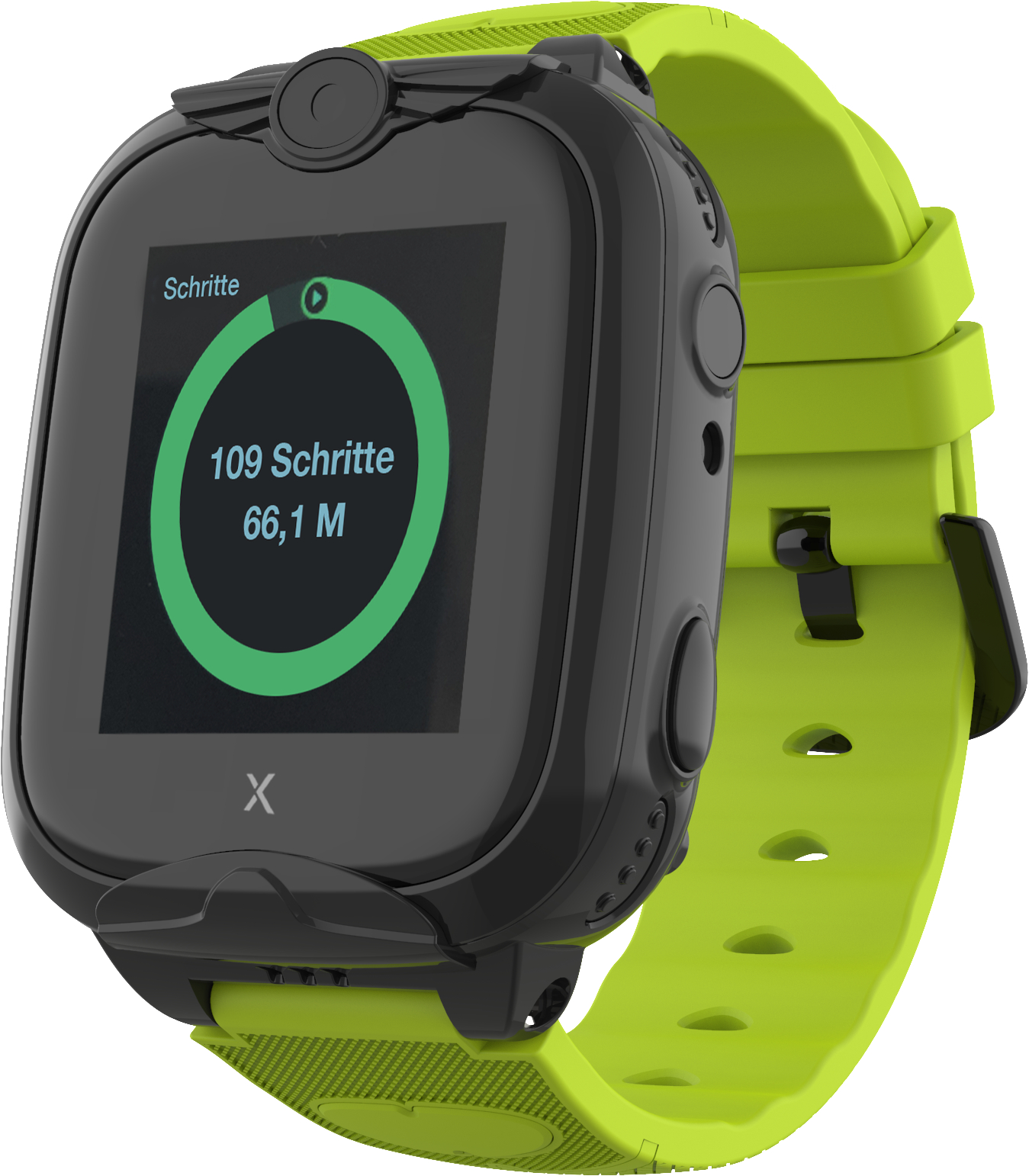 Smartwatch mit grünem Armband, zeigt Schritte und Entfernung.