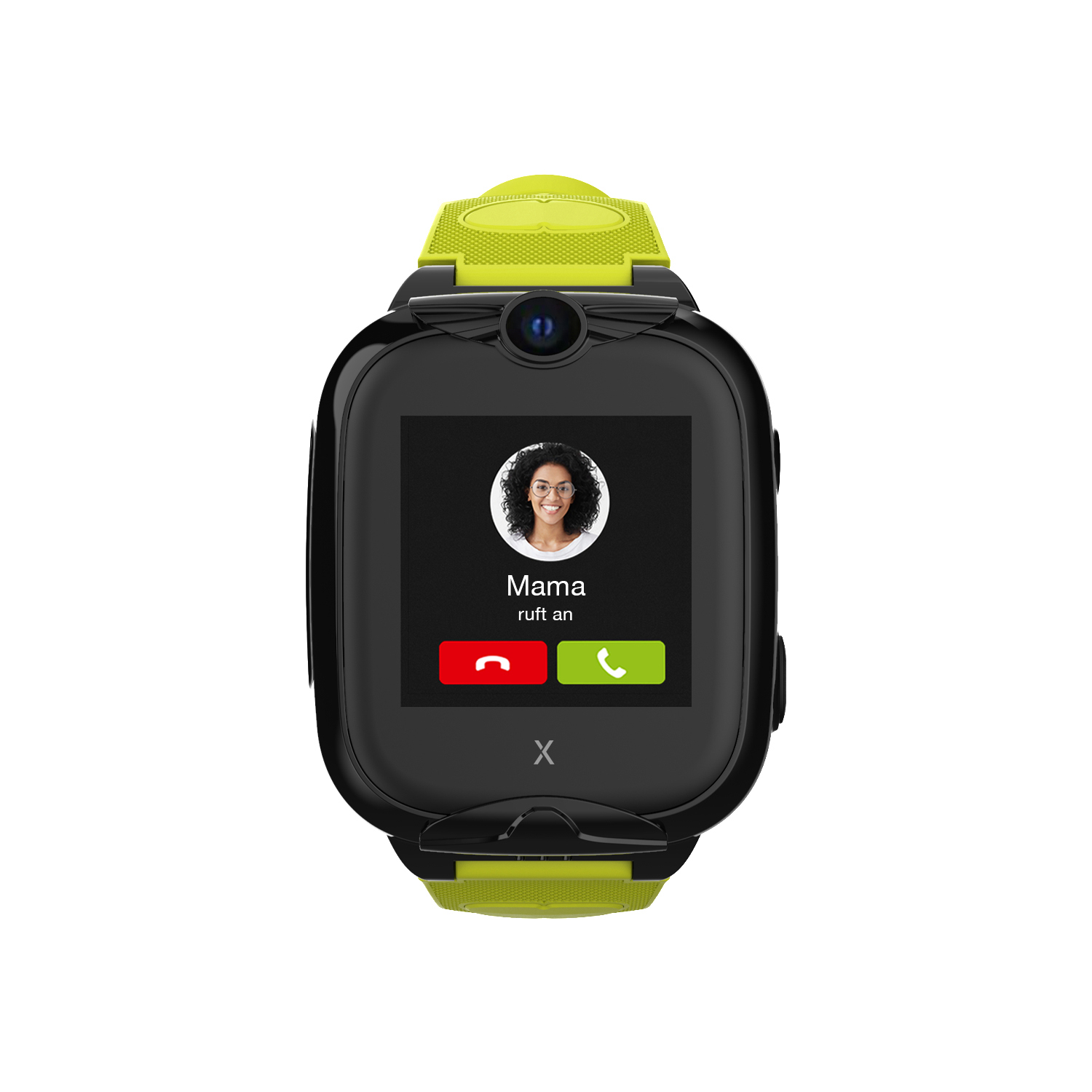 Schwarz-grüne Smartwatch mit Frauenfoto auf dem Bildschirm, zeigt eine Anrufoberfläche.