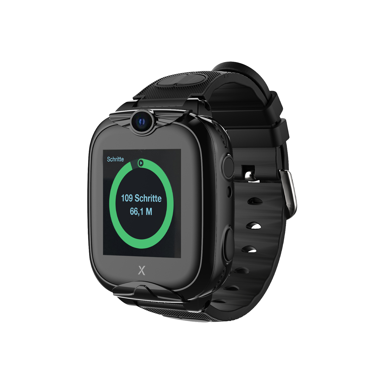 Eine schwarze Smartwatch auf einer weißen Oberfläche mit einem Bildschirm, der Schritte und Entfernung anzeigt.