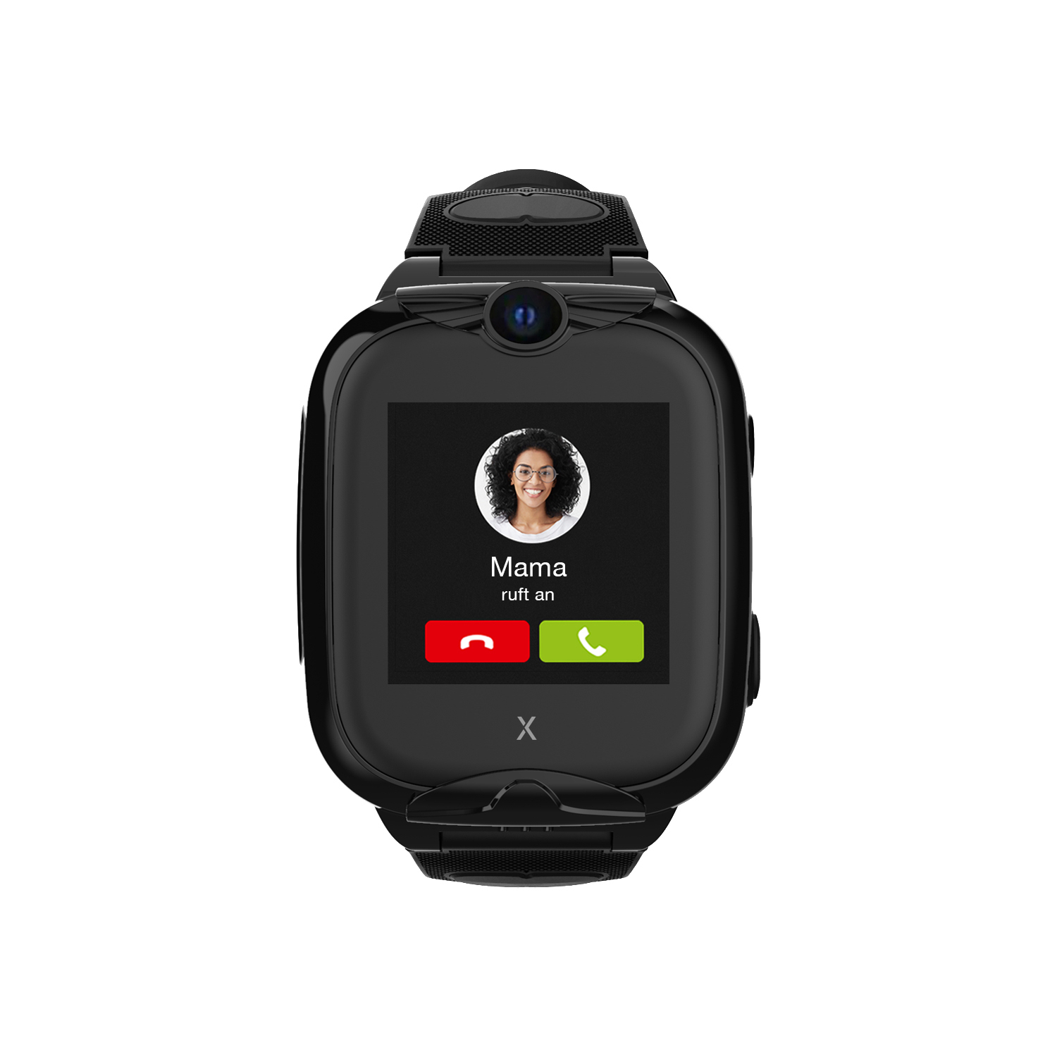 Eine schwarze Smartwatch mit einem Foto einer Frau auf dem Bildschirm, die einen Anruf von „Mama“ anzeigt.