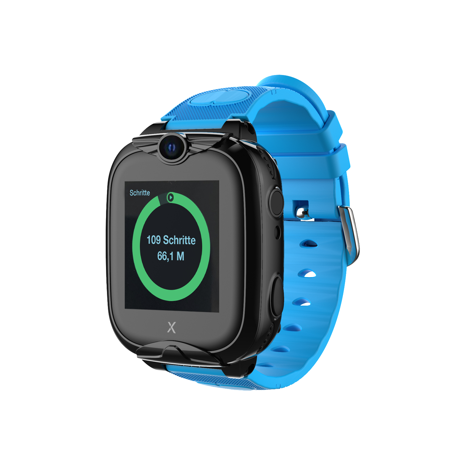 Eine schwarz-blaue Smartwatch mit einem Bildschirm, der Schritte und Metriken anzeigt.