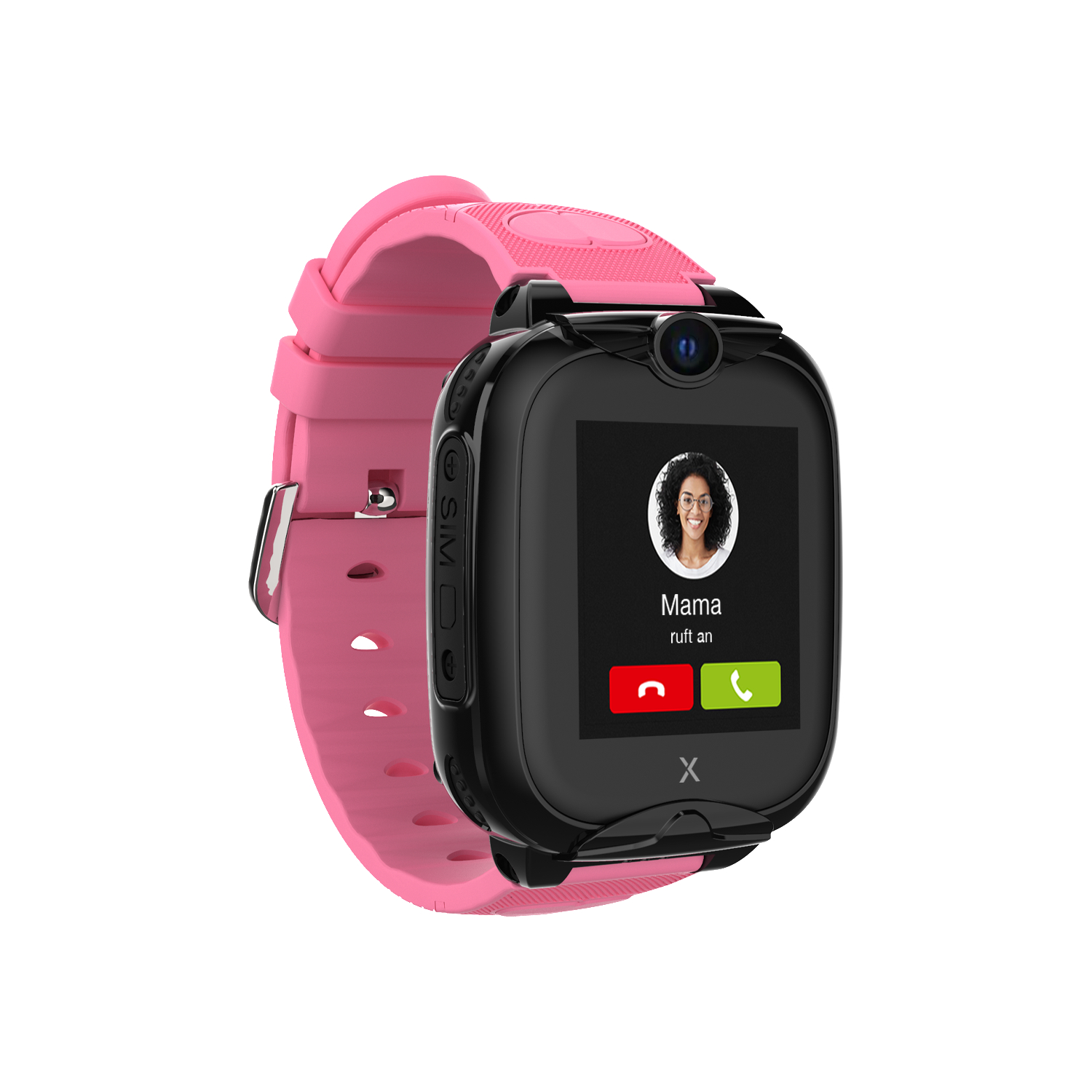 Eine schwarz-rosa Smartwatch mit einem Anrufbildschirm, der ein Foto einer Frau zeigt.