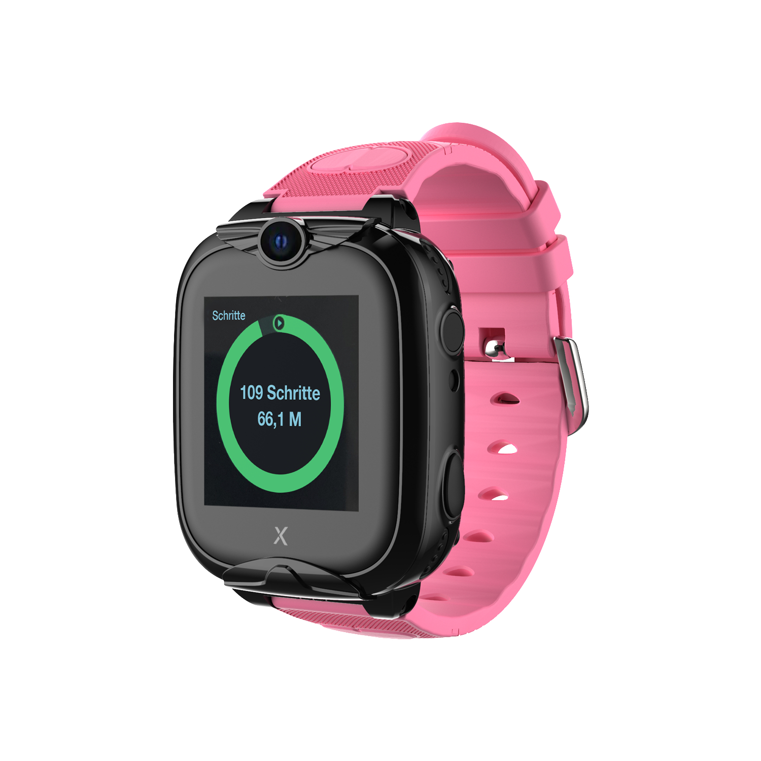 Smartwatch mit rosa Armband. Anzeige zeigt Schritte und Distanz. Schwarz und rosa.