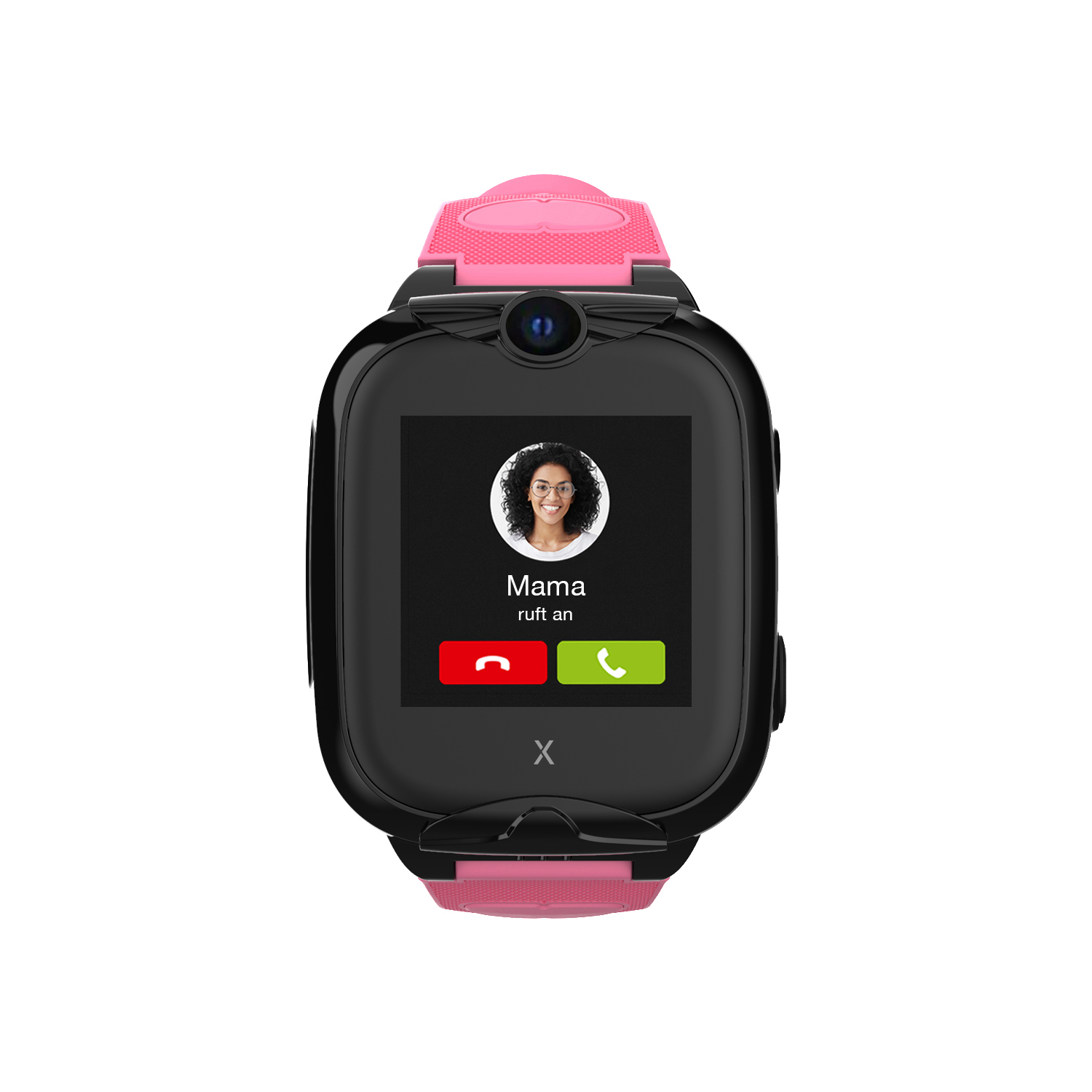 Smartwatch zeigt Foto einer Frau und Anrufanzeige mit roten und grünen Knöpfen.