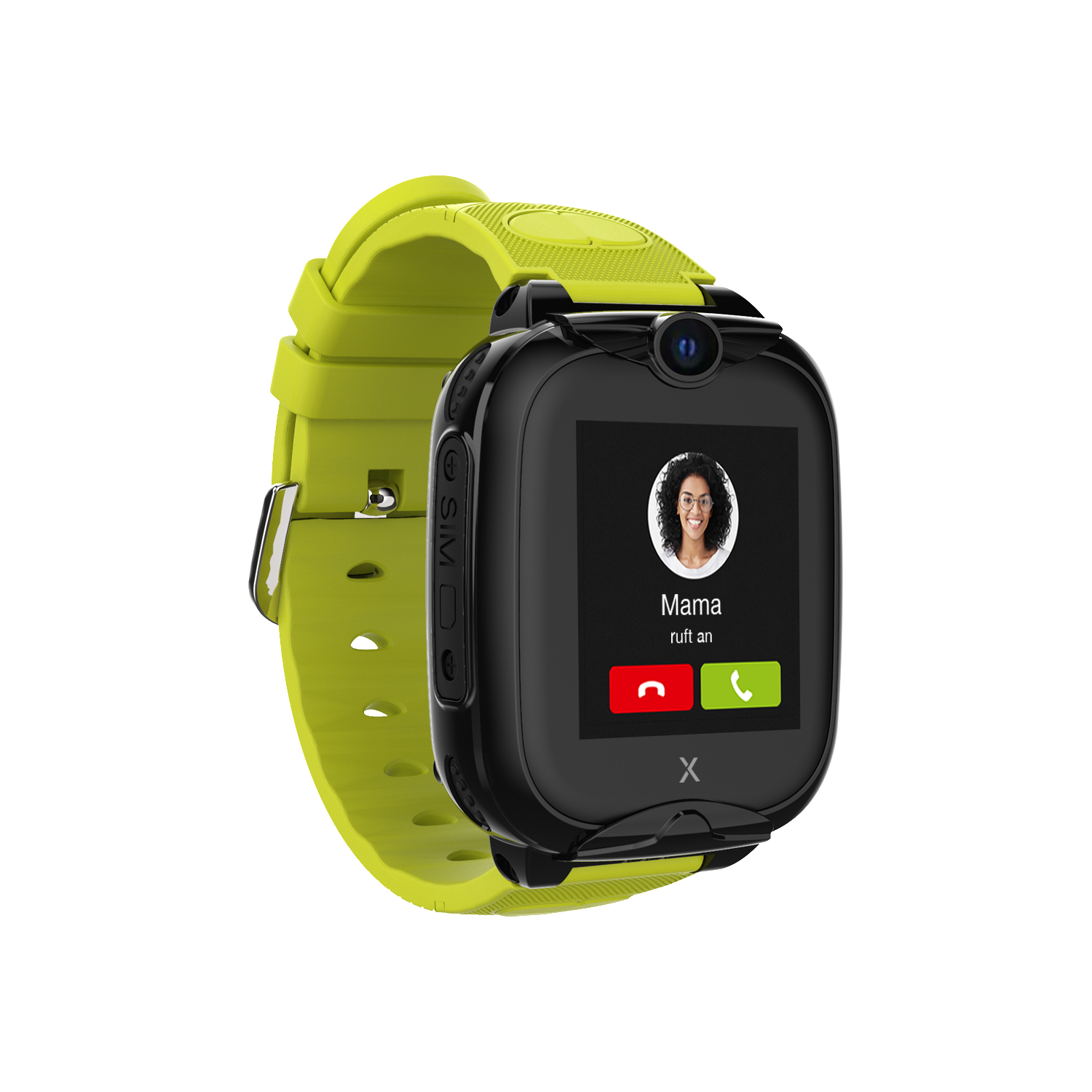 Eine schwarz-grüne Smartwatch, die einen Anruf von 'Mama' anzeigt. Die Uhr hat einen Bildschirm und ein Armband.