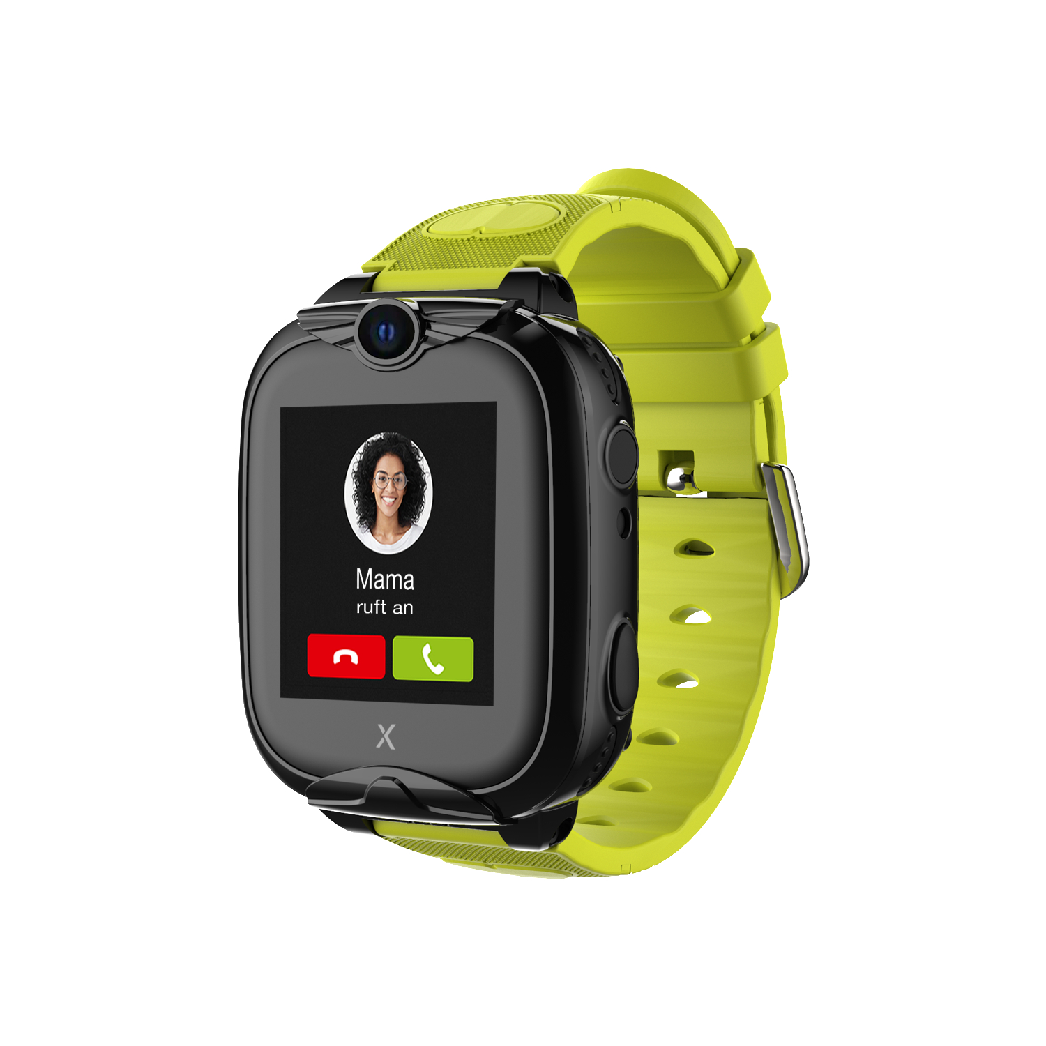 Smartwatch mit grünem Armband, zeigt ein Foto einer Frau und einen Anrufsbildschirm.