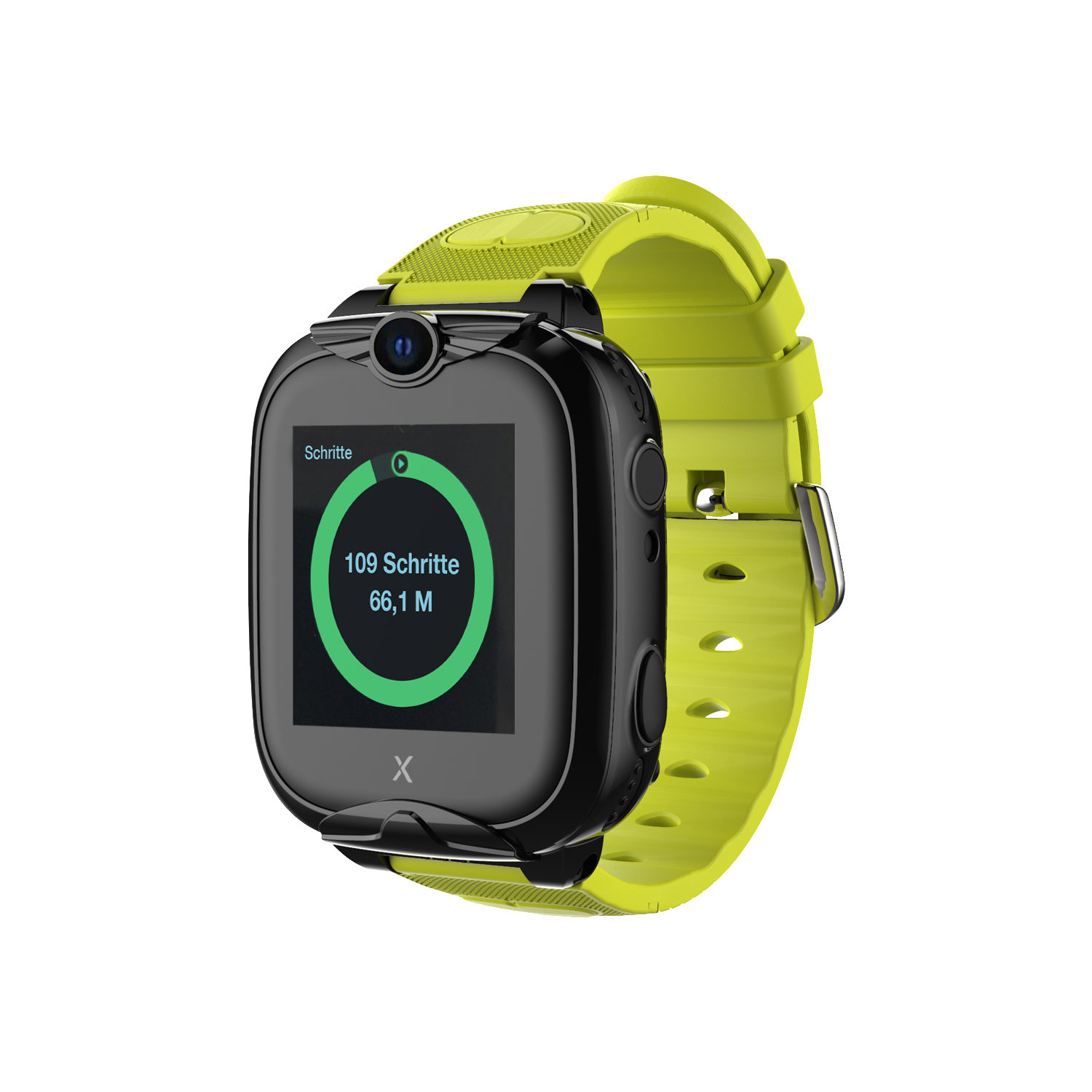 Schwarz-grüne Smartwatch mit digitaler Anzeige von Schritten und Aktivität.
