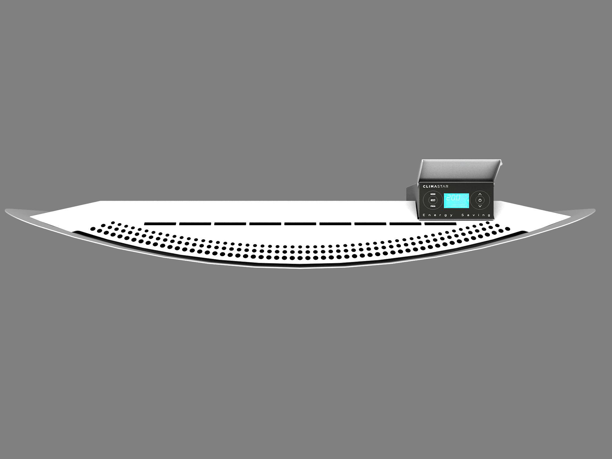 Weißer, gebogener Elektroheizer mit digitalem Bedienfeld auf grauem Hintergrund.