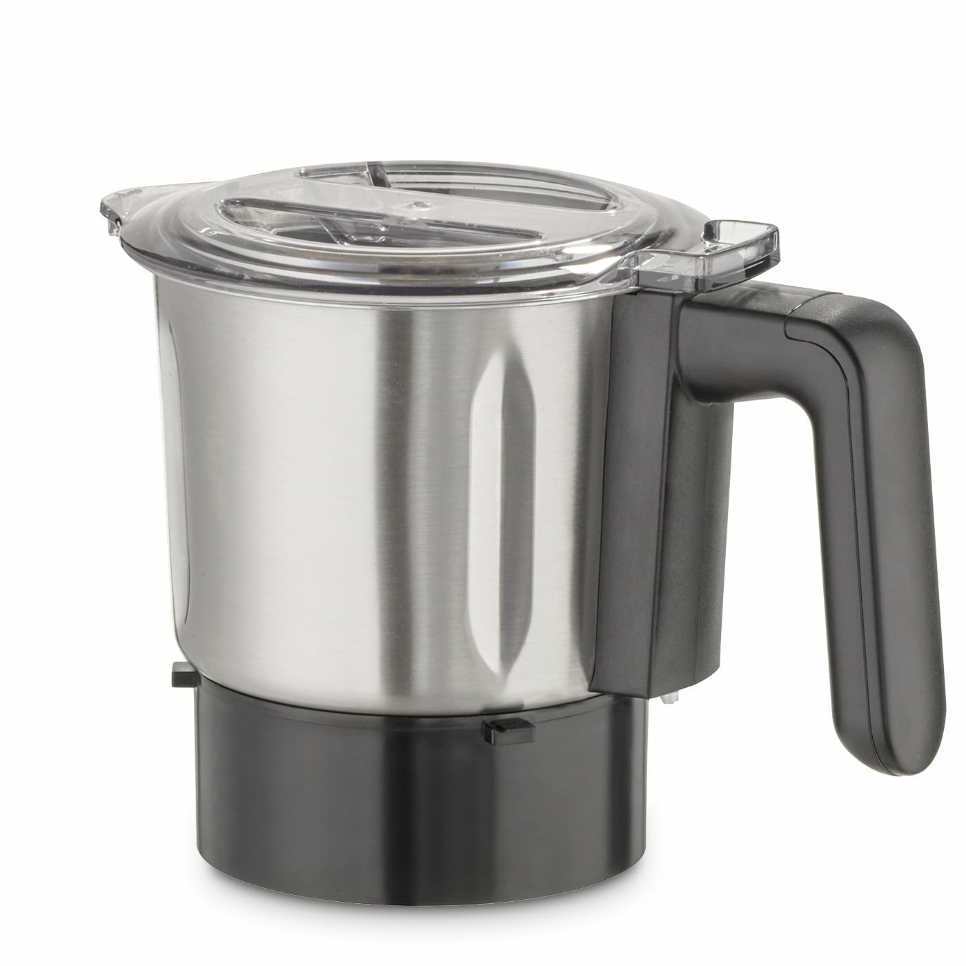 Ein Edelstahl-Mixer mit schwarzem Griff und transparentem Deckel. Isoliert auf Weiß.