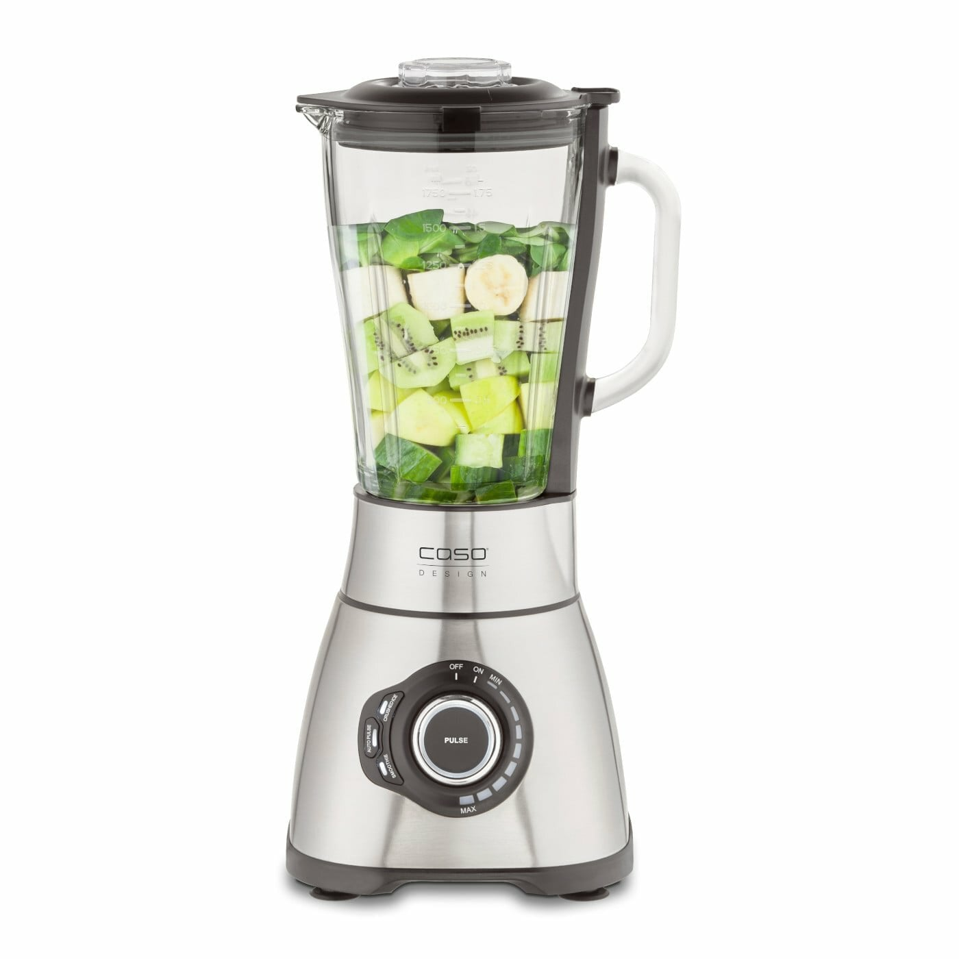 Ein Mixer ohne Inhalt. Er steht auf einer weißen Oberfläche.