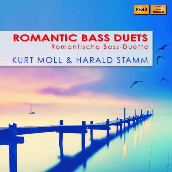 CD-hoes: Steiger op water bij zonsondergang, tekst 'Romantic Bass Duets' en namen van musici.
