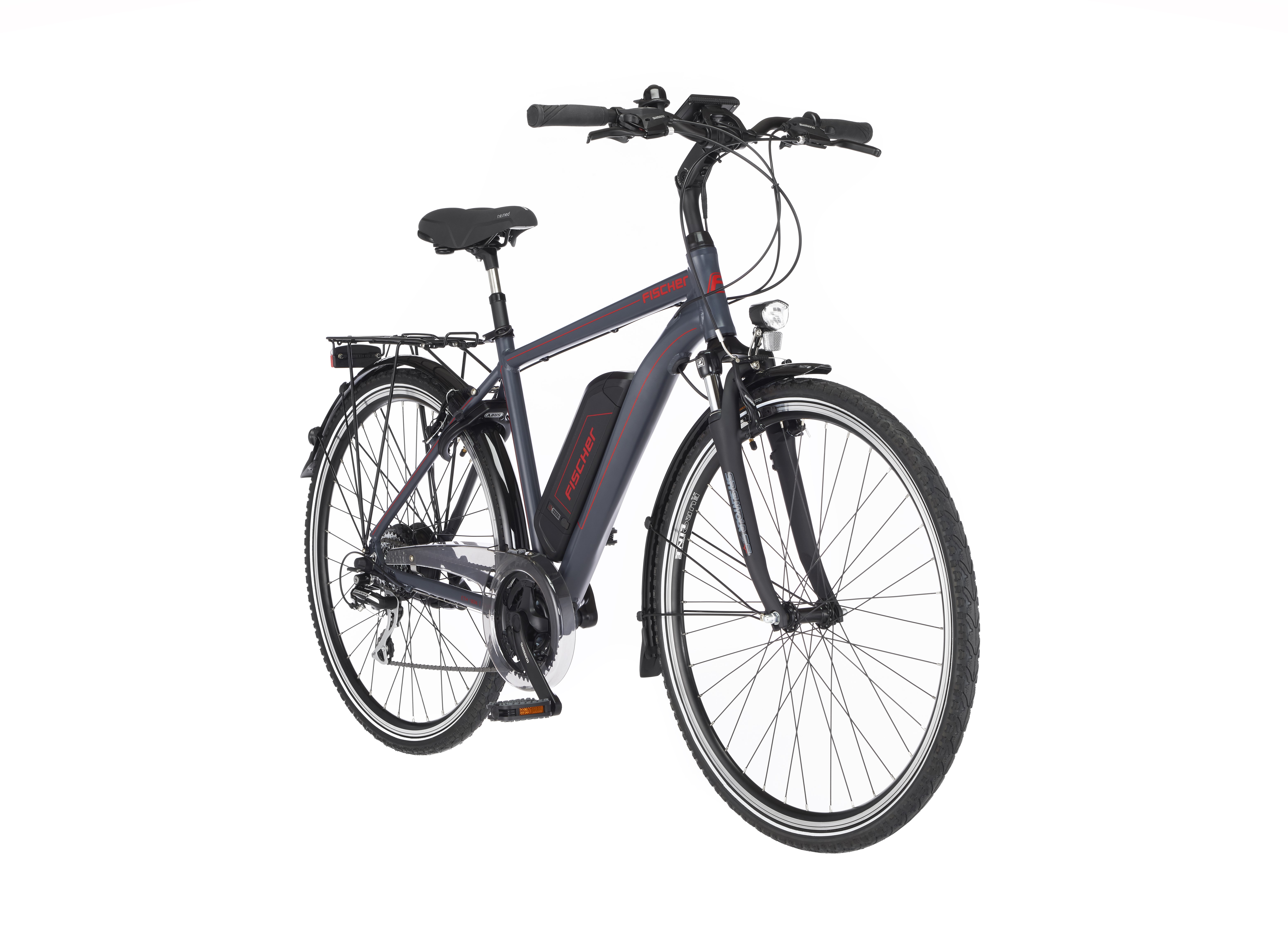 Graues Elektrofahrrad mit schwarzem Sattel auf weißem Hintergrund.