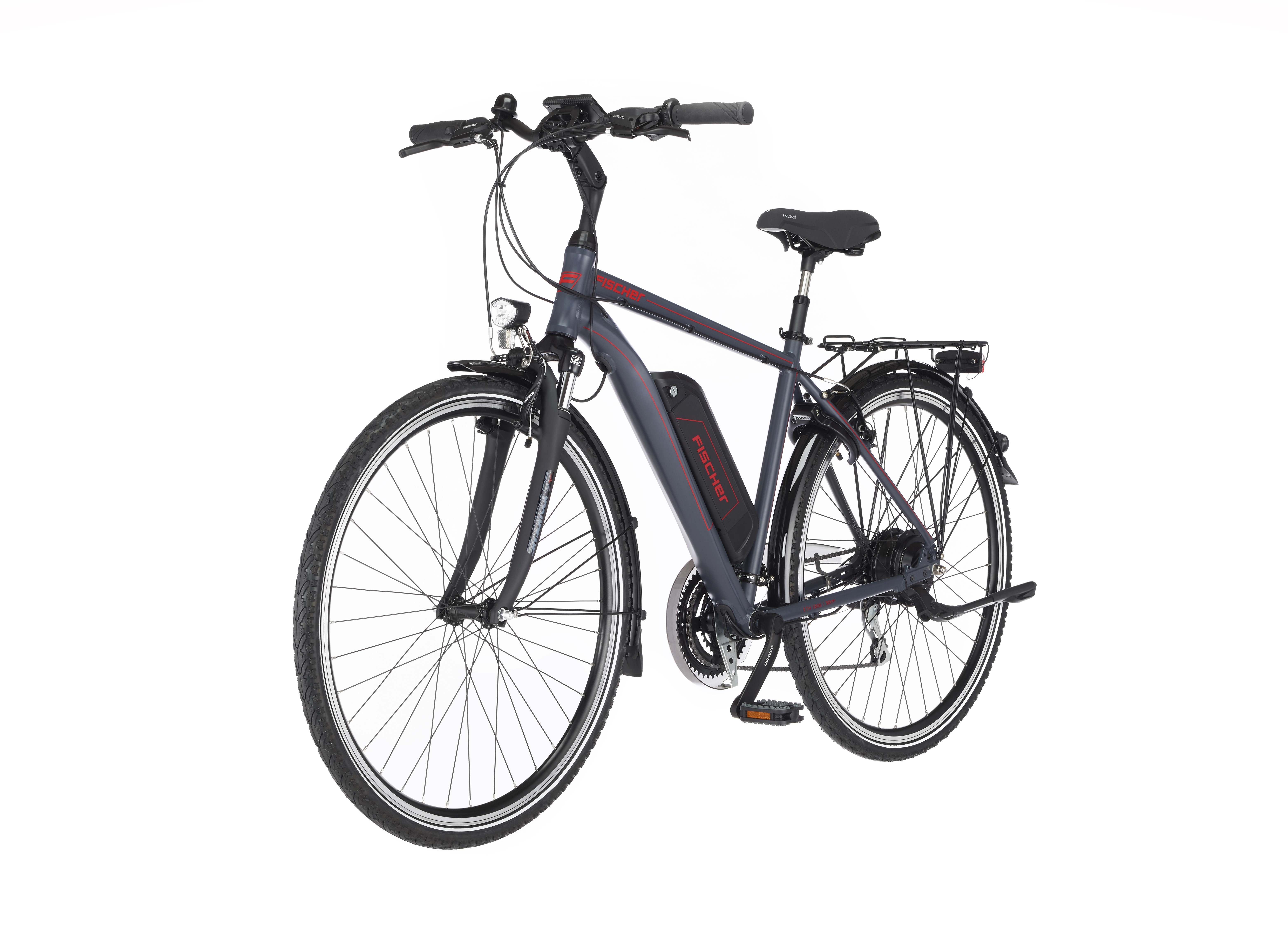 Graues FISCHER E-Bike vor weißem Hintergrund. Schwarze Reifen und rote Akzente.