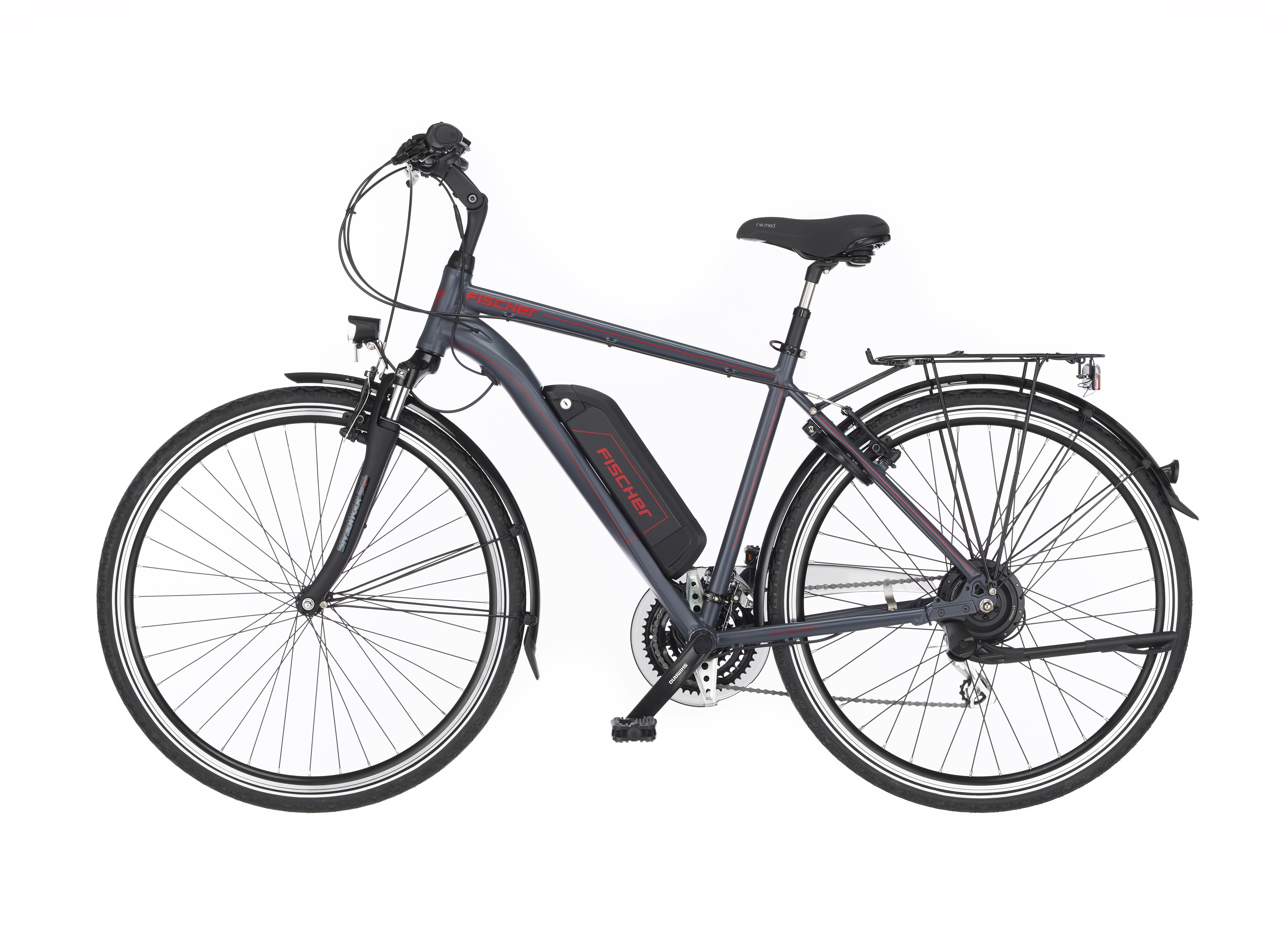 Ein graues Fahrrad, von der Seite gesehen, mit einem Akku.