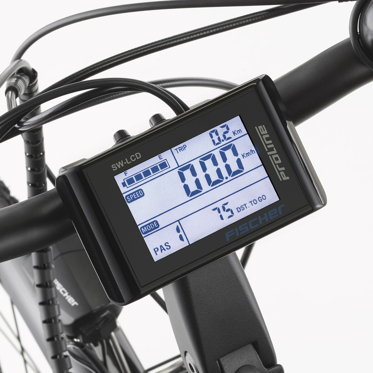 Fahrradcomputer an einem Fahrradlenker. Das Display zeigt Geschwindigkeit, Distanz und andere Metriken.