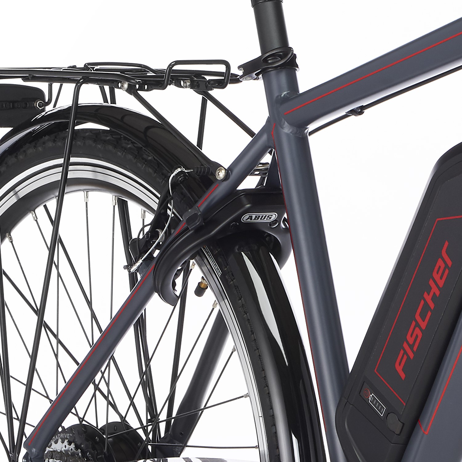 Fahrrad mit Schloss und Akku, Nahaufnahme, grau und rote Details.