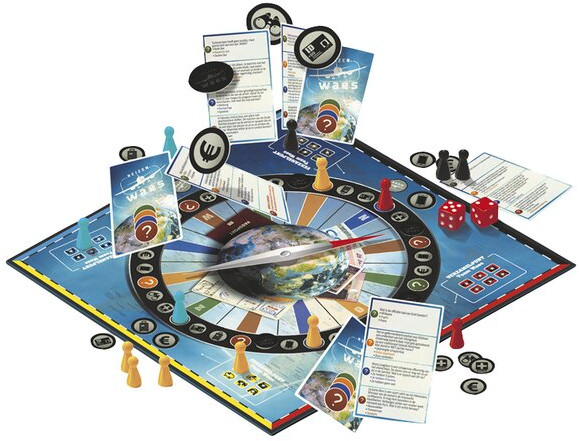 A board game with game pieces, cards, dice, and a globe in the center. Blue and white.