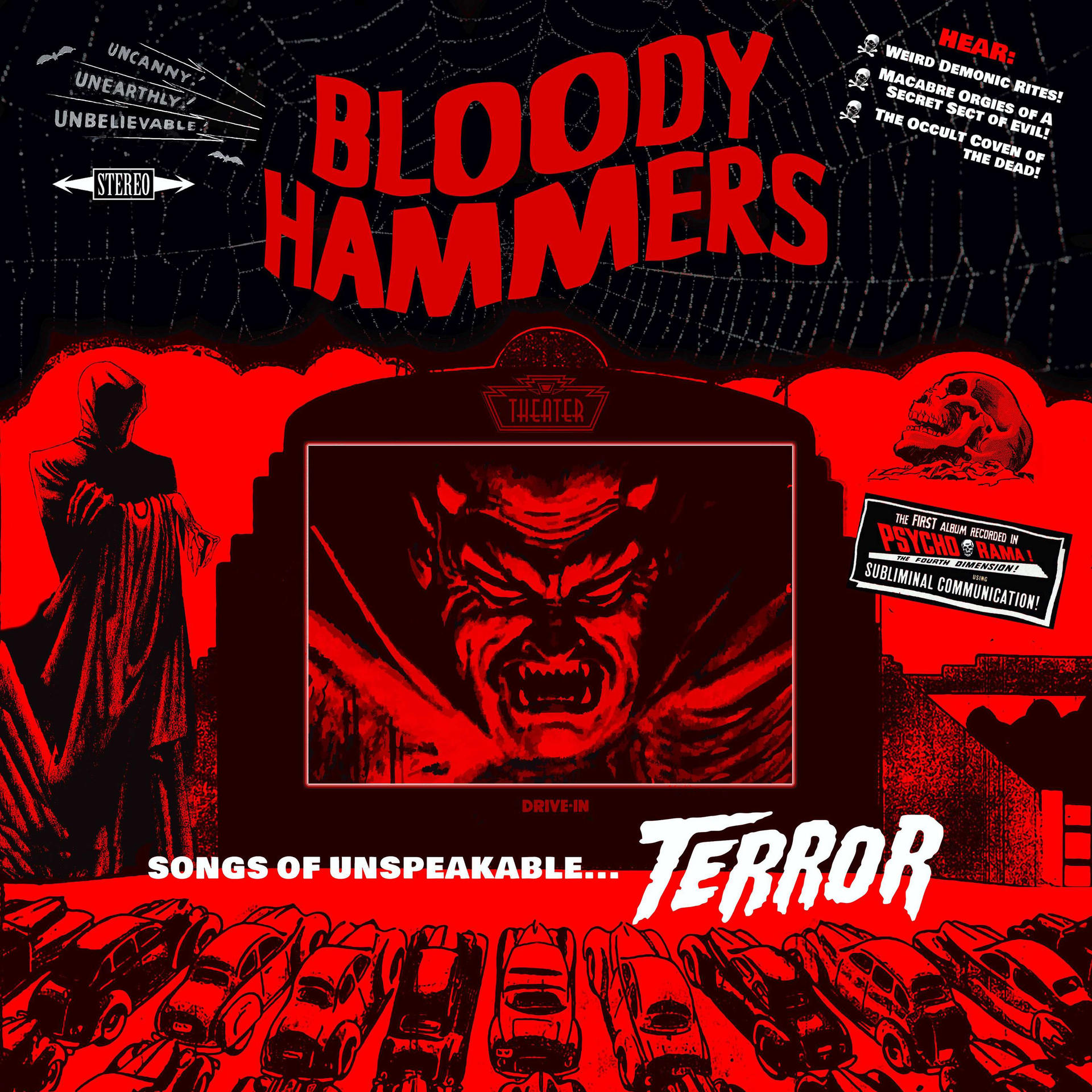 Albumcover: Rot und Schwarz, Illustration eines Teufels, Text 'BLOODY HAMMERS'.