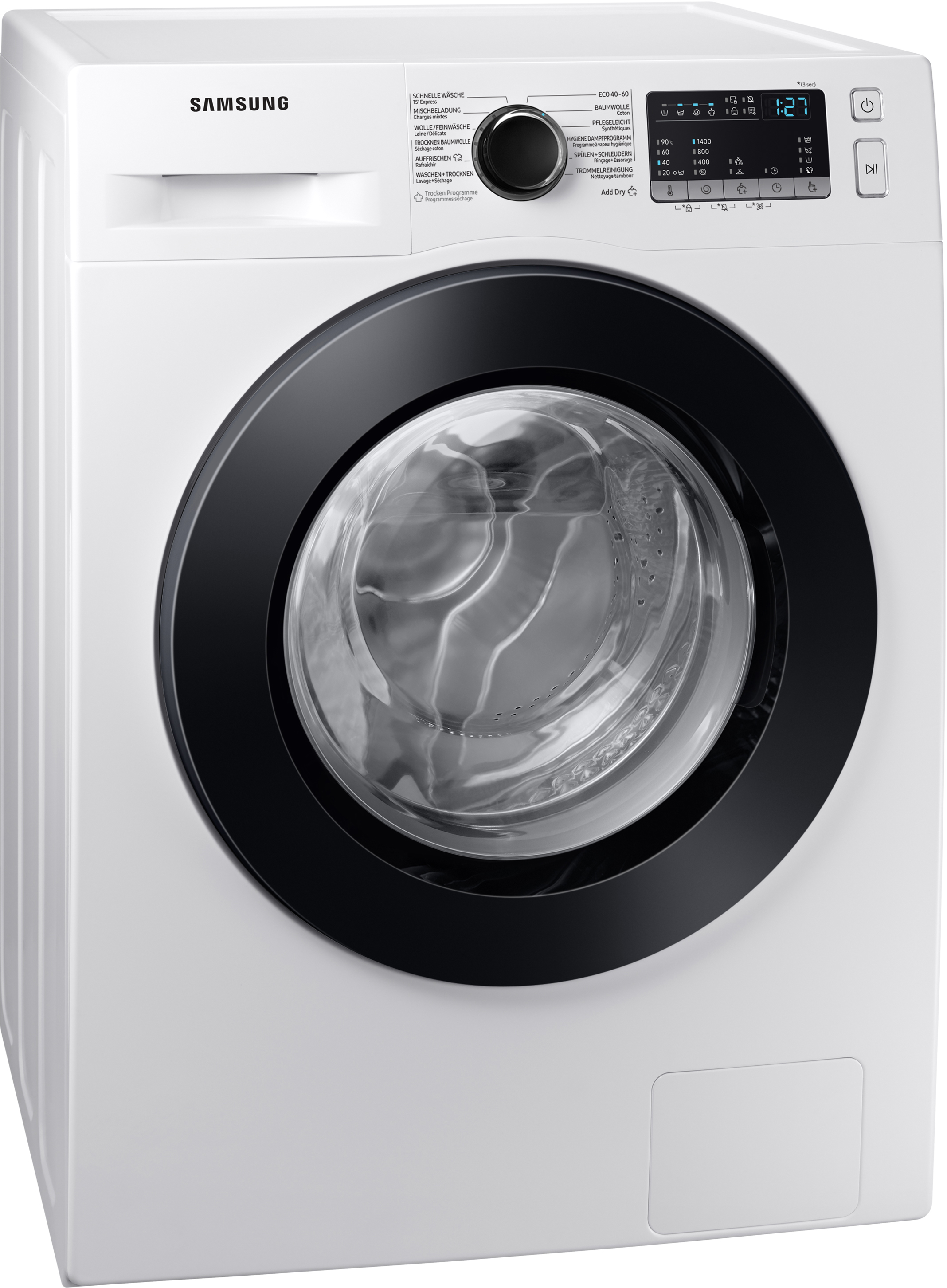 Eine weiße Samsung Waschmaschine mit schwarzer Tür und Bedienfeld.