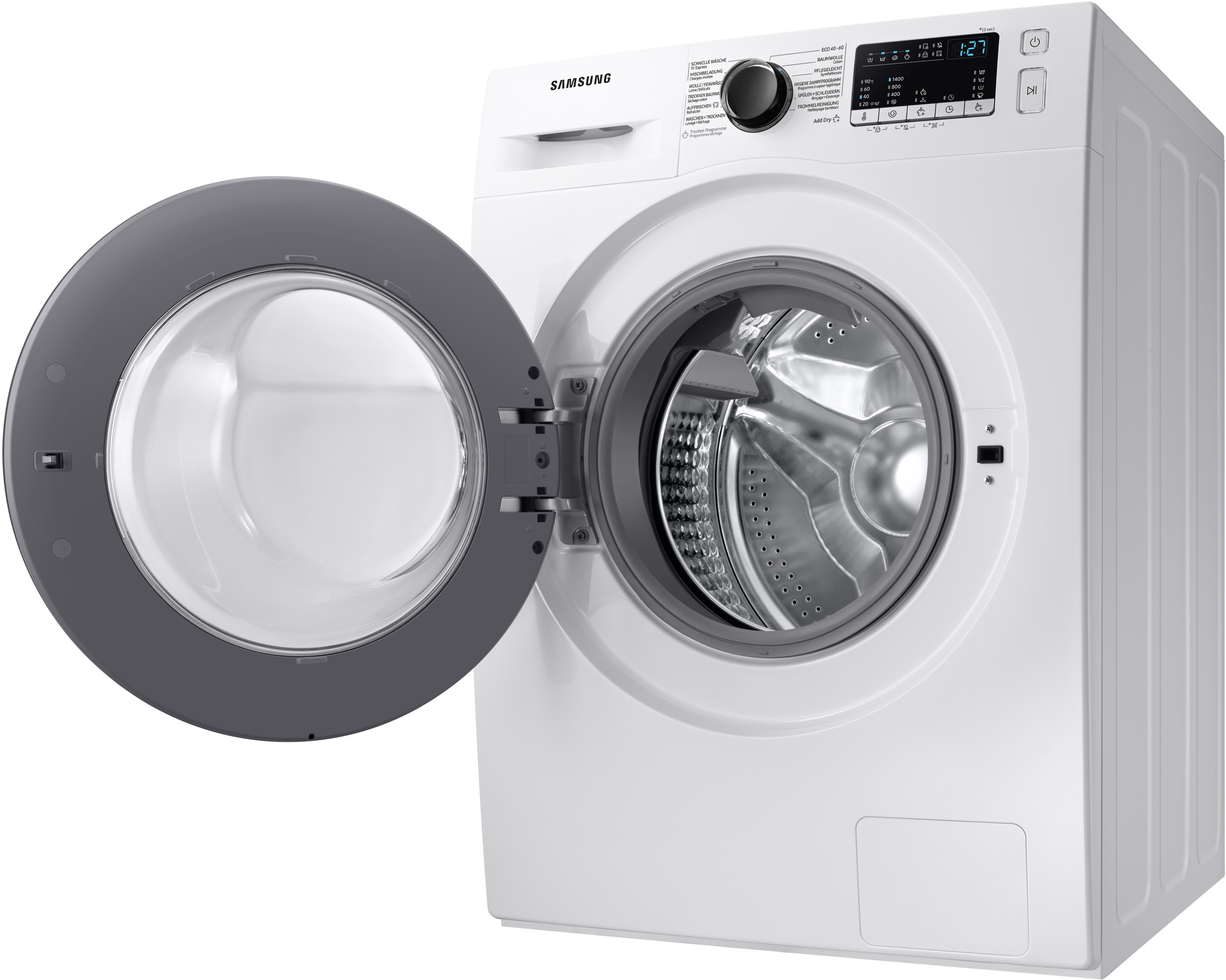 Eine weiße Samsung Waschmaschine mit geöffneter Tür, auf weißem Hintergrund.