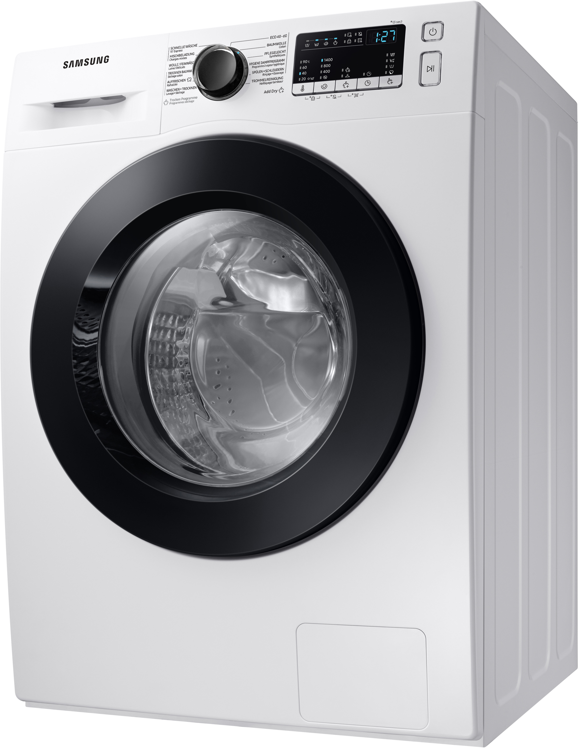 Weiße Samsung Waschmaschine. Verfügt über eine schwarze Tür und ein Bedienfeld.