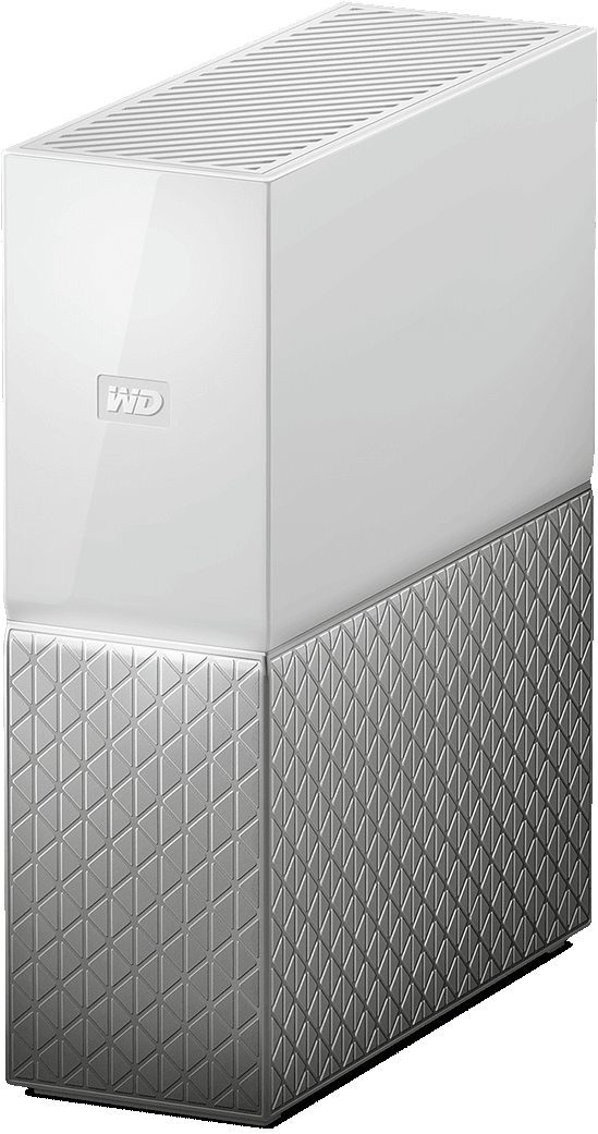 Un disque dur externe blanc et argenté, avec une section inférieure à motifs.