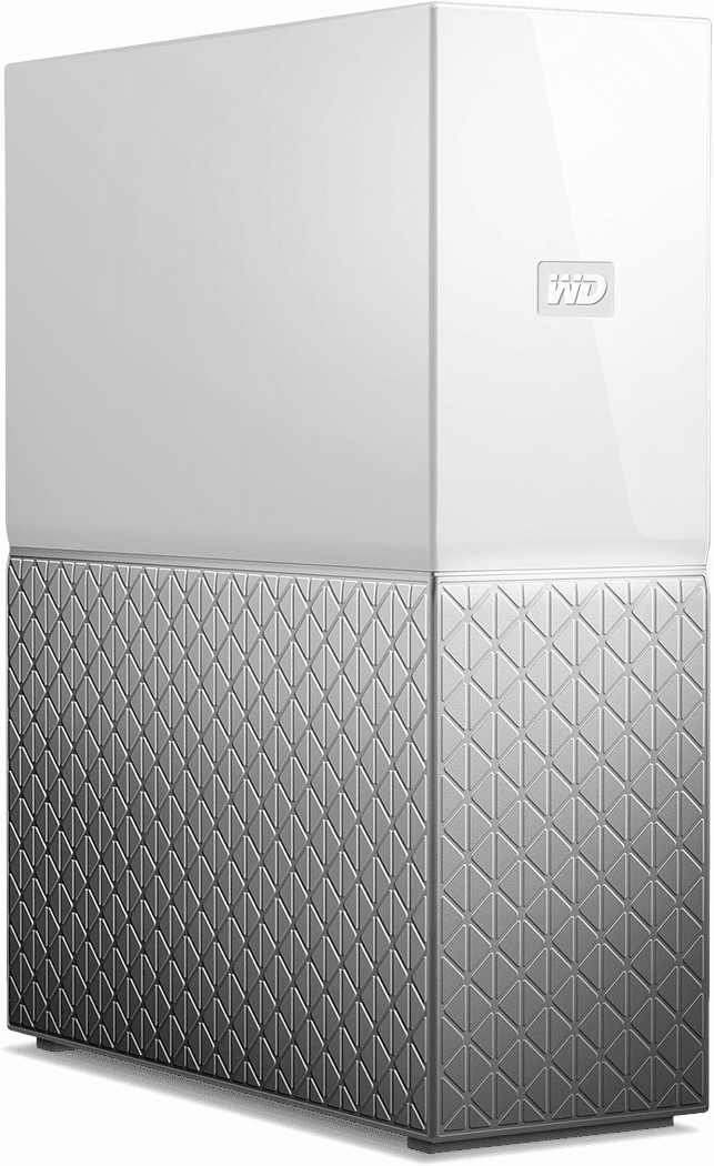 Disque dur externe WD blanc et argenté. Le dessus est blanc, le dessous argenté texturé.