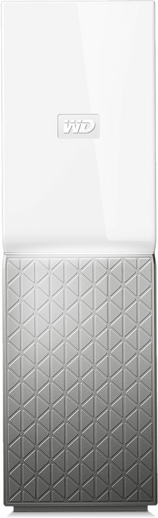 Disque dur externe blanc et argenté. Le haut est blanc, le bas argenté avec un motif.