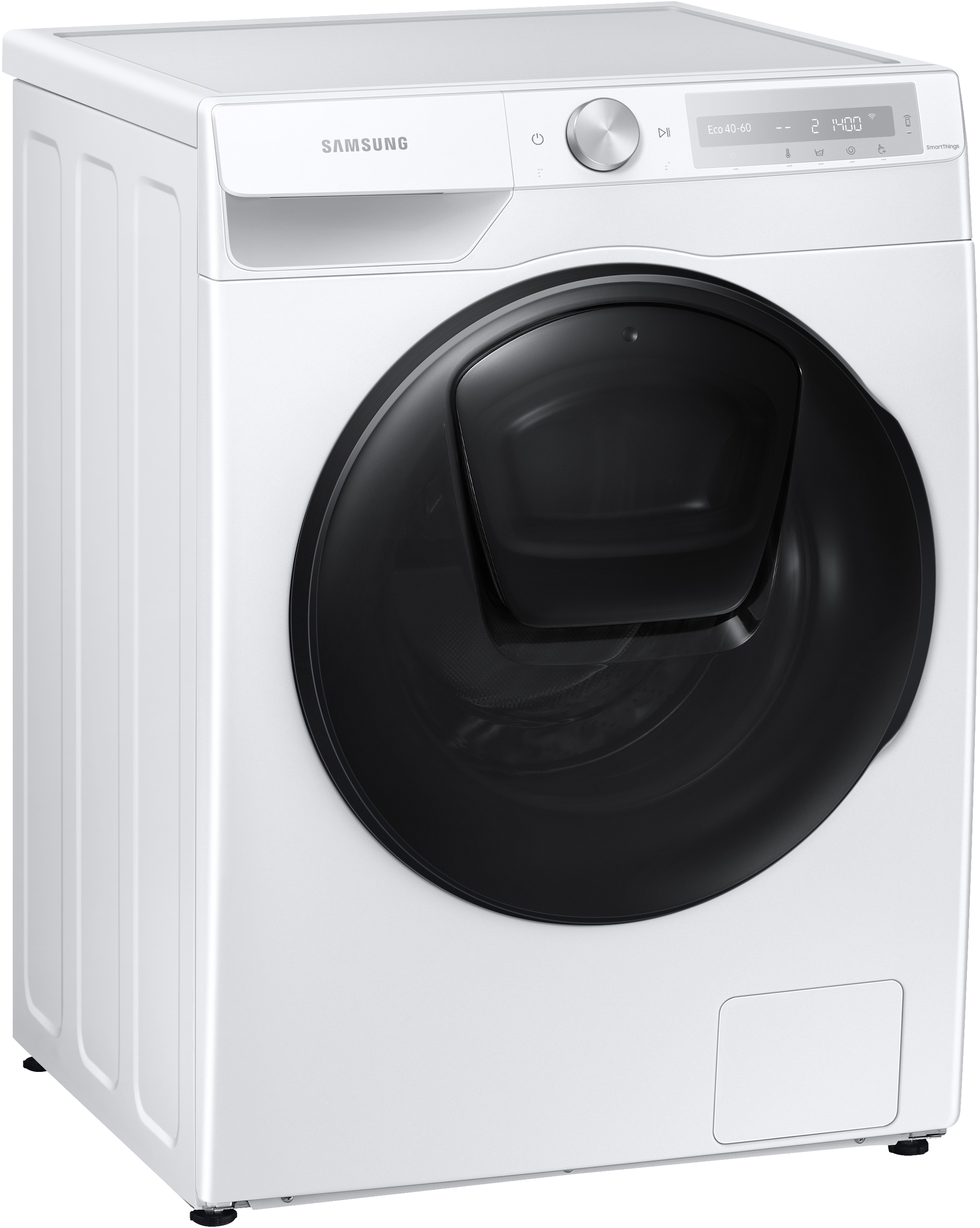 Weiße Samsung Waschmaschine mit schwarzer Tür. Das Bedienfeld befindet sich oben.