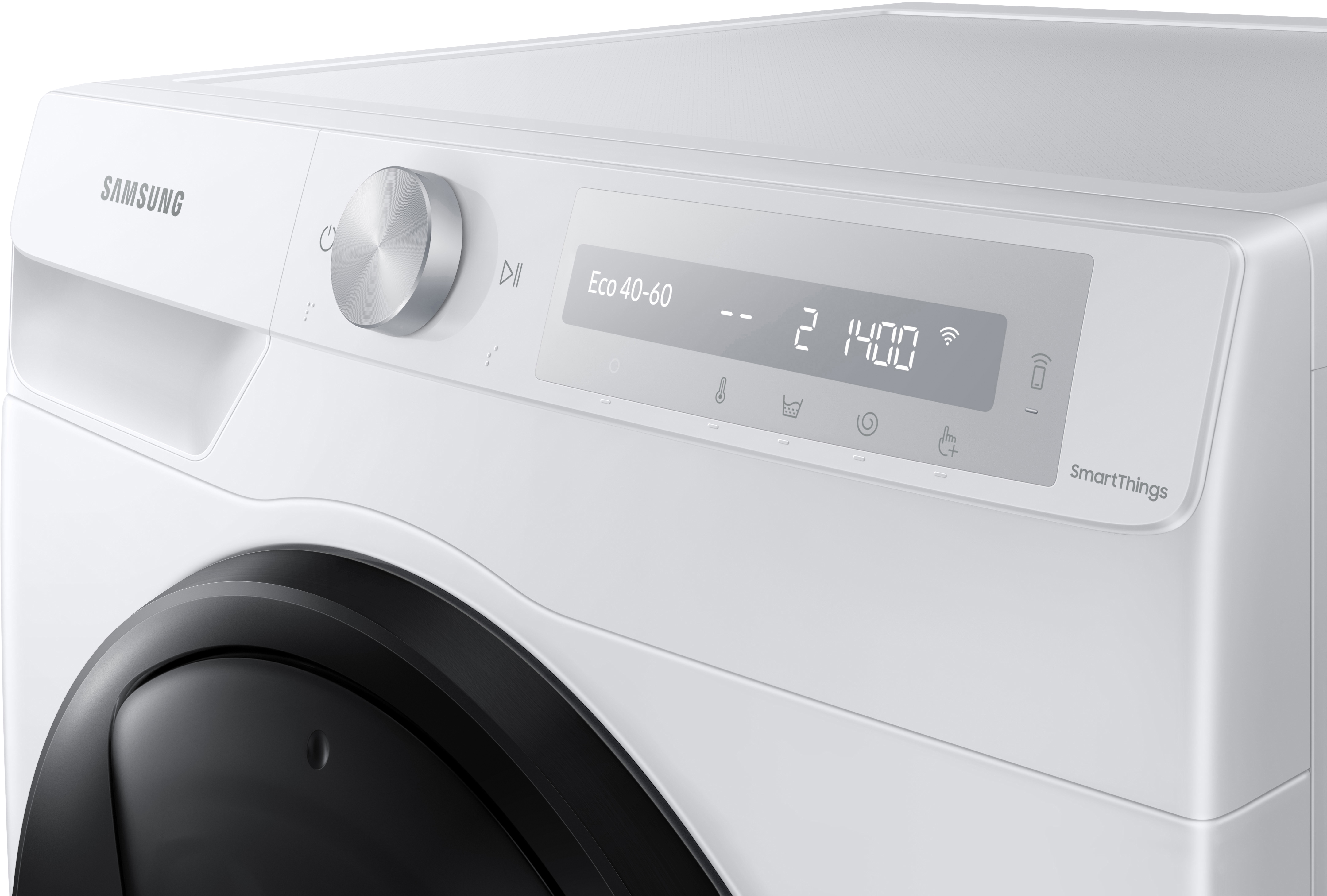 Detailansicht des Bedienfelds einer weißen Samsung Waschmaschine.