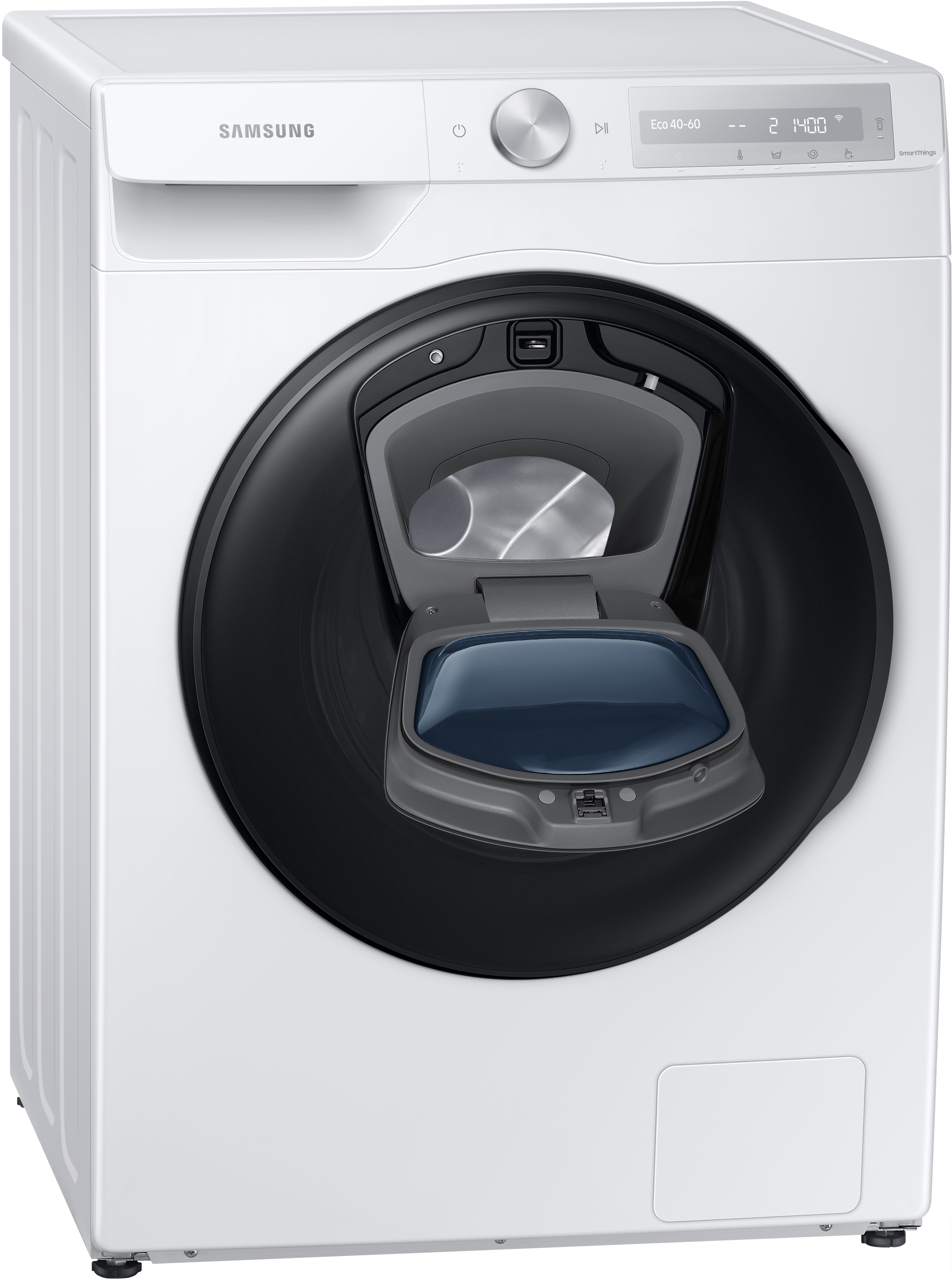 Eine weiße Samsung Waschmaschine mit schwarzer Tür und Bedienfeld. Isoliert.