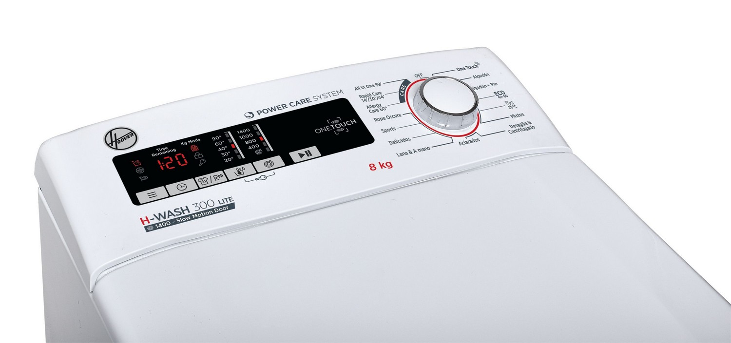 Panel de control de lavadora blanco con botones, un dial y una pantalla digital.