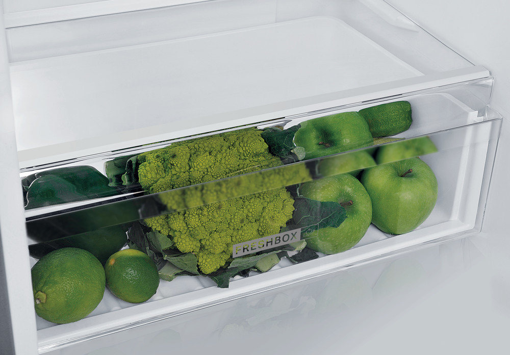 Transparante lade met groene groenten en fruit erin. De lade zit in een koelkast.