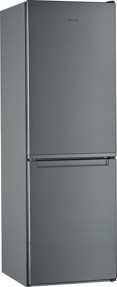 Grijze Whirlpool koelkast. Lang model met twee deuren, met een handgreep op de vriesdeur.