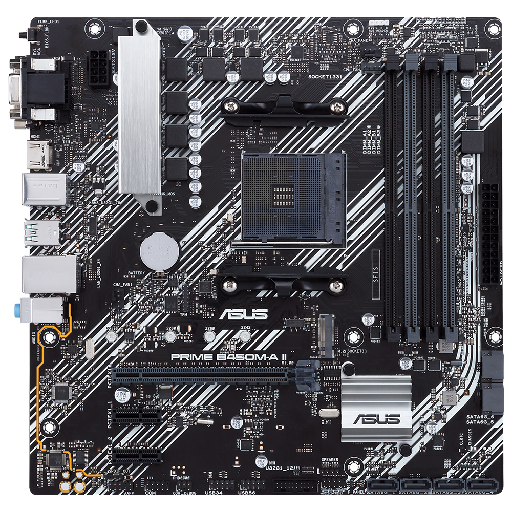 ASUS Prim B450M-A II AMD B450 AM4 DDR4 4400 HDMI DVI VGA M2 USB3.2 AURA RGB mATX 128GB’a kadar ram desteği, BIOS Flashback